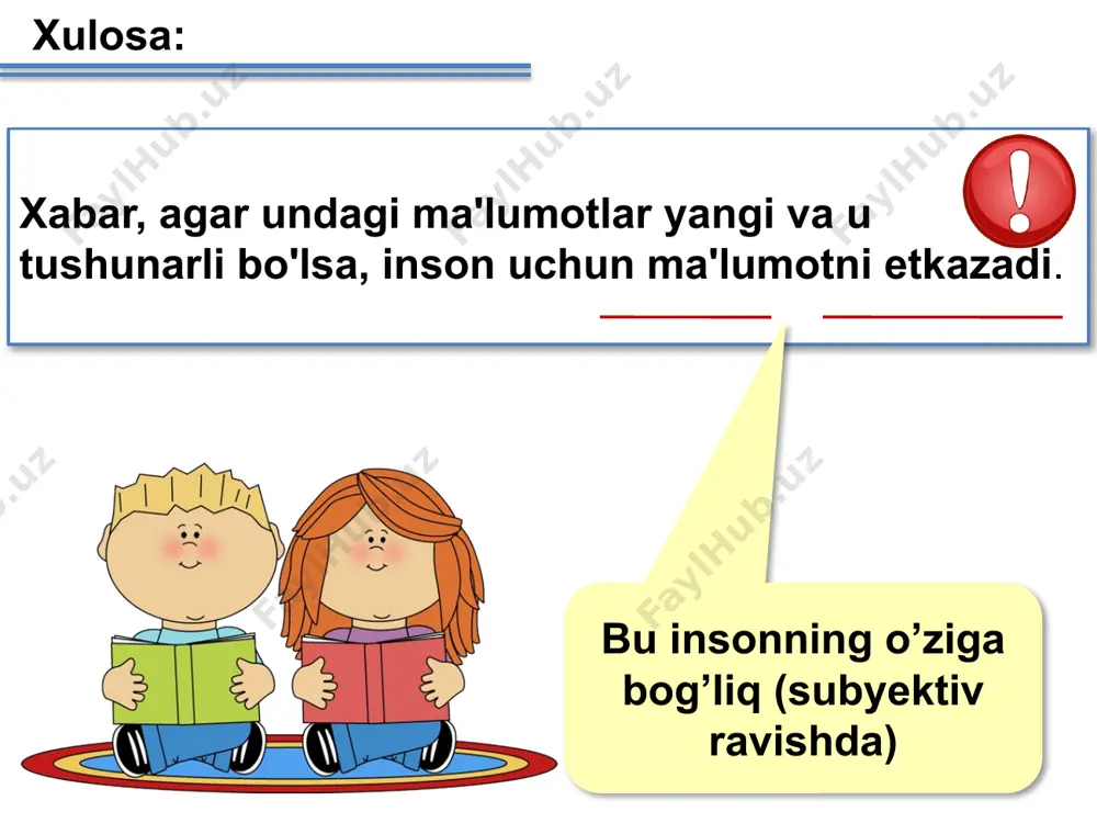 lfaviti 256 simvoldan iborat . 256 = 28  i=8 bit 1 bayt - alifbo belgisi kuchining ma'lumot og'irligi 256. 1 bayt = 8 bit 1 bit– eng kichik axborot birligi фактически для выражения объема компьютерной информации в качестве основной единицы используется bayt. 21 1 bayt (bytе) = 8 бит 1 кbayt (kilobayt) = 1024 bayt =210 bayt 1 мbayt (megabayt) = 1024 кbayt 1 гbayt (gigabayt) = 1024 мbayt 1 тbayt (terabayt) = 1024 гbayt 1 пbayt (petabayt) = 1024 тbayt axborot o’lchov birligi ko’pay tirish bo’lish 22 boshqa birlikka o’tish 3 кbayt = 3 ·1024 bayt = 3072 bayt ? bayt 15 bayt = ? бит 15 · 8 bit = 120 bit 2048 кbayt = ? мbayt 2048 :1024мbayt = 2 мб 1024 mbayt = ? гб 1024 :1024 гб=1гб 1кbayt = ? bit 1 · 1024 ·8 bit = 8192 bit bayt 16simvolli alfavitning 2048 simvolida …