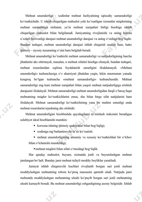 chi ta’sir ko‘rsatish: · mehnat unumdorligining umumiy va xususiy ko‘rsatkichlari bir o‘lchov bilan o‘lchanishi mumkinligi; · mehnat miqdori bilan sifati o‘rtasidagi bog‘liqlik. har qanday mahsulot, buyum, xizmatda jonli va buyumlashgan mehnat jamlangan bo‘ladi. bunday jami mehnat tufayli moddiy boyliklar yaratiladi. jamiyat ishlab chiqaruvchi kuchlari rivojlanib borgan sari jonli mehnat moddiylashgan mehnatning tobora ko‘proq massasini qamrab oladi. natijada jami mehnatda moddiylashgan mehnatning ulushi ko‘payib borgan sari jonli mehnatning ulushi kamayib boradi. bu mehnat unumdorligi oshganligining asosiy belgisidir. ishlab chiqarishning takomillashib borishi va fan-texnika taraqqiyoti mehnat unumdorligi oshishining asosiy shartlaridir. yangi texnologik jarayonlar, materiallar va avtomatlashtirish vositalarining joriy etilishi mehnatni mexanizatsiyalash darajasining ortishiga olib keladi. bu ko‘rsatkichni quyidagi formula bilan ifodalash mumkin: bu erda md- mehnatning mexanizatsiyalash darajasi, %; sm- mexanizatsiyalashgan mehnat xodimlari soni; su- xodimlarning umumiy o‘rtacha ro‘yxatdagi soni . mexanizatsiyalashgan mehnat xodimlari jumlasiga o‘z ishini mashinalar va mexanizmlar yordamida bajaradigan kishilar kiritiladi. mehnatni mexanizatsiyalash (avtomatlashtirish) darajasining ortishi moddiylashgan mehnat ulushining …