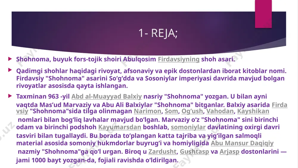 ergashib yozilgan "shohnoma"-larda mualliflarning musulmon ekanligi yaqqol sezilib turadi, baʼzi dostonlarda bahodirlar hatto islom dini uchun kurashchilar sifatida tasvirlanadi. safaviylar davrida yozilgan "hovaronnoma"da shialik mazhabi uchun kurash asosiy oʻrinni egallaydi va hatto bosh qahramon oʻrnini hazrat ali egallaydi. bundan tashqari, bu dostonlarning barchasi uchun xos xususiyat ularda pand-nasihat motivining ustunligidir. "gershaspnoma"ning ham uchdan bir qismini pand-nasihat tashkil etadi. bu asarlarning birortasi gʻoyaviy-badiiy jihatdan firdavsiy "shohnoma"-si darajasiga koʻtarila olmagan, adabiyot taraqqiyotida ham sezilarli rol oʻynamagan. jahon tarixi dahshatli voqealarga to'la yorqin davrlarni biladi, ularni stefan tsveyg majoziy ma'noda "insoniyatning eng yaxshi soatlari" deb atagan. bu davrlarda o'z davrining eng ilg'or vakillari, adolatli xalq vijdoni deb atalganlar, o'z davrining dramatik vaziyatlarini keskin va kuchli boshdan kechirgan holda, inson ruhining buyuk ijodlarini yaratadilar.xalqlarning ma'naviy va ijtimoiy yuksalishini yuksak badiiy shaklda aks ettirgan bunday asarlarga quyidagilar kiradi: "mahabharata" va "ramayana", "iliada" va "odisseya", dante va shekspir fojialari "ilohiy komediya". yorqin firdavsiyning "shoh-nomi" ham shu …
