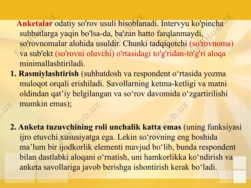 volga o'ting). -unchalik emas keyingi to'rtta savol faqat jismoniy mashqlar bilan shug'ullanadigan respondentlarga beriladi. bular mashg'ulotlarga sarflangan vaqt, mashq turi va uni bajarish ketma-ketligi haqidagi savollarni o'z ichiga olishi mumkin. jismoniy mashqlar bilan shug'ullanmaganlar chiqarib tashlanadi va avtomatik ravishda keyingi savollarga o'tadi. bu respondentga so'rovnomani to'ldirishni osonlashtiradi va tadqiqotchini keraksiz ma'lumotlarni ko'rib chiqishdan ozod qiladi. 3 19 e'tiboringiz uchun rahmat! image4.jpg image5.jpg image6.png image7.gif image8.jpg image9.jpg image10.png image11.jpg image1.jpg image2.jpg