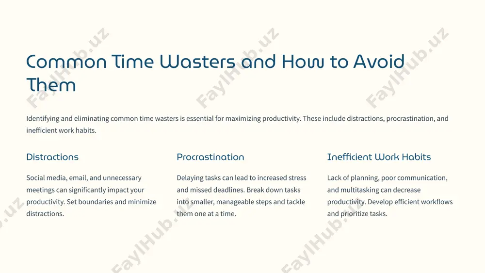 gies and identifying areas for improvement. task completion track the number of tasks completed within a specific time frame. goal achievement monitor your progress towards achieving your goals and objectives. 9 developing a time management mindset developing a time management mindset involves adopting a proactive approach, setting priorities, and making conscious decisions about how you spend your time. 1 prioritize tasks focus on high-impact tasks and delegate or eliminate low-priority items. 2 eliminate distractions create a work environment that minimizes distractions and allows you to focus on your tasks. 3 break down tasks divide large tasks into smaller, manageable steps to make them less daunting. 4 be realistic set achievable goals and deadlines, taking into account your workload and limitations. 10 image1.png image2.png image3.png image4.png image5.png image6.png image7.png image8.png image9.png image10.png image11.png image12.png image13.png image14.png image15.png image16.png image17.png image18.png