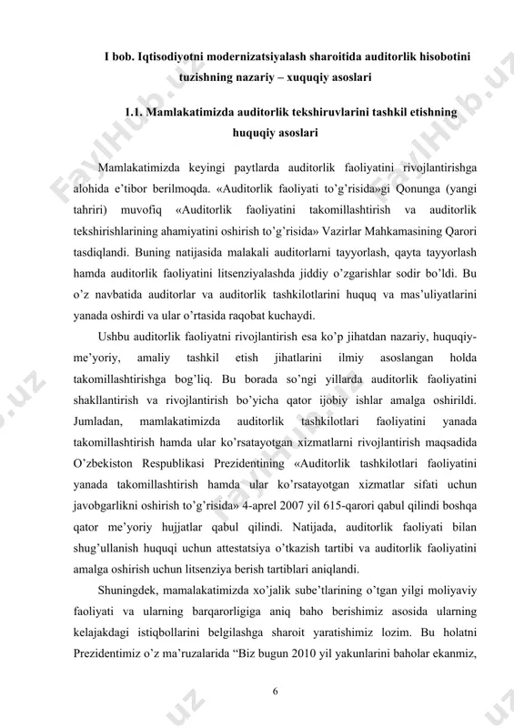 sh va uni rivojantirish borasida chuqur tadqiqotlar o’tqazishni taqozo etmoqda. bir tomondan, auditorlik faoliyatining xalqaro tajribalariga tizimli yondashish, ularni chuqur tahlil qilish, boshqa tomondan bozor iqtisodiyotining jahon ham jamiyatida e’tirof etilgan o’zbek modelining xususiyatlari to’g’risidagi bilimlarimizdan maksimal foydalangan holda, iqtisodiyotni erkinlashtirish sharoitida moliyaviy hisobot axborotlaridan foydalanuvchilar uchun nazoratning maxsus tashkiliy shakli – auditni istiqbolli rivojlantirish zarurligi ayon bo’lmoqda. agar auditor auditorlik tashkilotining shtatida turgan bo’lsa yoki auditorlik tashkiloti u bilan fuqarolik-huquqiy tusdagi shartnoma tuzgan bo’lsa, u auditorlik tekshiruvi o’tkazishga jalb etilishi mumkin. auditorlik faoliyatining maqsad va vazifalari tavsifidan kelib chiqib, uni quyidagicha tasniflash mumkin(1-chizma). auditorlik faoliyatini litsenziyalashtirish (ruxsatnoma berish) va auditor malaka sertifikatini berishning yangi tartibi joriy etildi. bunday chora-tadbirlarning amalga oshirilishi albatta auditorlik tekshirishlarning sifatini yanada yaxshilash imkoniyatini yaratdi. auditorlik tashkilotlarga auditorlik faoliyatini amalga oshirish uchun litsenziya mahsus vakolatli davlat organ – moliya vazirligi tomonidan beriladi va auditorlik faoliyatini maxsus ruxsatnoma (litsenziya) asosida amalga oshiriladi. auditorlik tashkilotlarida malaka sertifikatiga …