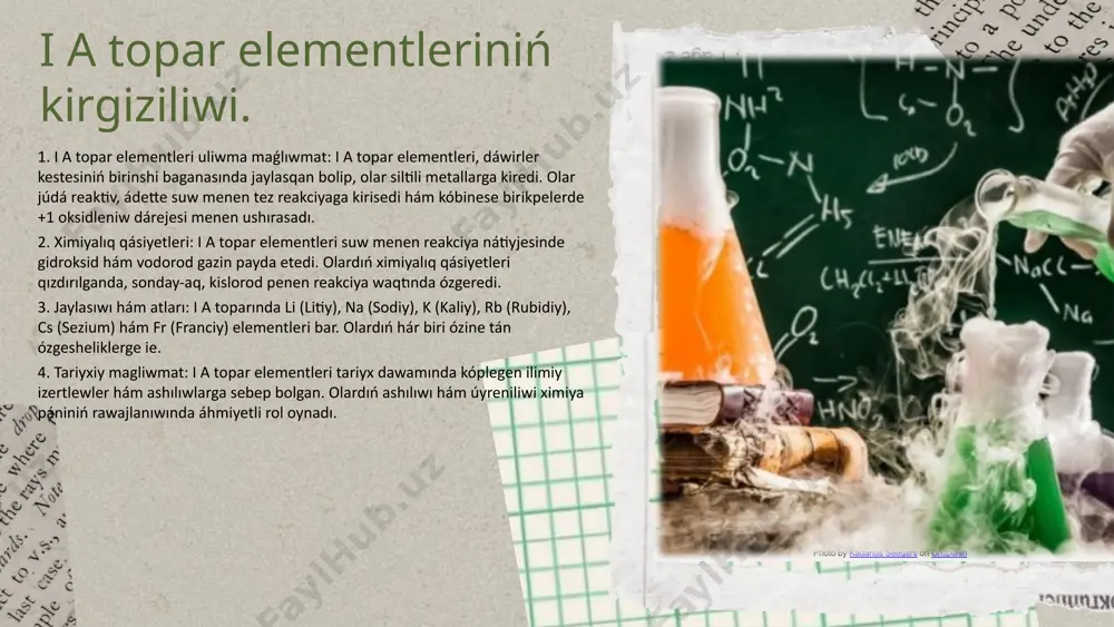 tuzlar | | k | 19 | kuchli | oziq-ovqat | i a topar elementleriniń qollanılıwı. i a topar elementleri, ximiya hám basqa tarawlarda keń qollanıladı. olardıń ózgeshelikleri hám imkaniyatları kóplegen ámeliyatlarda paydalanıw imkaniyatın beredi. ximiya sanaatında qollanılıwı i a topar elementleri, máselen, natriy xlorid (nacl) ximiya sanaatında tiykargı shiyki zat sipatında qollanıladı. olar hár túrli ximiyalıq reakciya hám ónimler islep shigariwda áhmiyetli rol oynaydı. medicina hám biologiya tarawındaǵı áhmiyeti litiy, ruwxiy keselliklerdi emlewde qollanıladı. sonday-aq, basqa i a topar elementleri de biologiyalıq proceslerde úlken áhmiyetke iye. missalar natriy xlorid (nacl) azıq-awqat sanaatında hám suw tazalaw proceslerinde qollanıladı. litiy bolsa akkumulyatorlar islep shigarıwda keń qollanıladı. keleshektegi rejeler i a topar elementleriniń jańa qollanılıw imkaniyatları hám izertlewleri, olardıń ekologiyalıq hám ekonomikalıq áhmiyetin arttırıwǵa qaratılǵan. i a topar elementleriniń ekologiyalıq áhmiyeti i a topar elementleri, tábiyiy proceslerde áhmiyetli rol oynaydı. olar quramına kaliy, natriy hám litiy sıyaqlı elementler kiredi, bul elementler biologiyalıq …