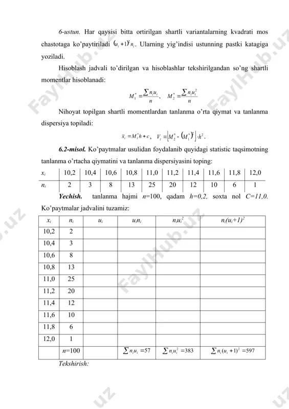 simotning assimetriyasi ushbu tenglik bilan aniqlanadi: , bu yerda m3 – uchinchi tartibli markaziy moment. empirik taqsimotning ekssessi ushbu tenglik bilan aniqlanadi: , bu yerda m4 – to’rtinchi tartibli markaziy moment. markaziy momentlarni ko’paytmalar usulidan foydalanib toppish mumkin. nazorat uchun savollar. 1. teng uzoqlikdagi variantalar deb nimaga aytiladi? 2. shartli variantalar deb nimaga aytiladi? 3. k-tartibli oddiy empiric moment deb nimaga aytiladi? 4. k-tartibli boshlang’ich empiric moment deb nimaga aytiladi? 5. k-tartibli markaziy empiric moment deb nimaga aytiladi? 6. k-tartibli shartli empiric moment deb nimaga aytiladi? 7. empirik taqsimotning assimetriyasi qanday aniqlanadi? 8. empirik taqsimotning ekssessi qanday aniqlanadi? glossariy (mavzu: tanlanmaning yig’ma xarakteristikalarini hisoblash usullari.) assimetriya asimmetriya asymmetry — uchinchi tartibli markaziy momentning o’rtacha kvadratik chetlanishning kubiga nisbati baho otsenka estimation – tanlash natijasiga ko’ra tanlanma sanog’ining parametric qiymati. dispersiya dispersiya variance — nasodifiy miqdorning uning matematik kutilishidan chetlanishlari kvadratlarining matematik kutilishi. effiktiv(samarali) baho effektivnaya otsenka effective estimation — shunday …