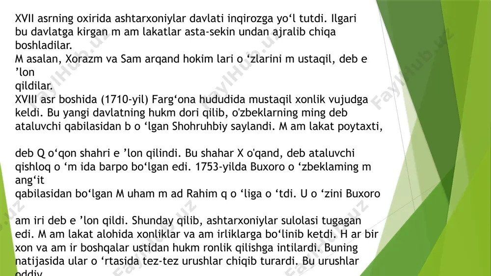 alar kasalxonasi, farg‘onada bemorlarni fizioterapevtik usullar bilan davolaydigan maxsus shifoxona ochildi. toshkentda shu sohadagi kichik xususiy kasalxona negizida 1919-yili 150 o ‘ringa mo'ljallangan fizioterapiya instituti ьаф о etildi. 1920-yilda toshkentda silga qarshi dastlabki dispanser ish boshladi. 1922- yili vrachlik-sanitariya nazorati tashkiloti tuzildi. 1924-yili toshkentda teritanosil kasalliklari dispanseri, buxoroda esa tropik tibbiyot instituti (hozirgi samarqanddagi tibbiyot parazitologiyasi ilmiy tadqiqot instituti) ochildi. 1924-yilga kelib turkistonda 6 tropik stansiya va uning joylardagi tarmoqlari ishlab turdi. 1924-yili respublikada 53 kasalxona, 151 ambulatoriya (ulaming 79 tasi qishloq joylarida), 40 feldsherlik punkti va boshqa muassasalar bor edi. shu yillarda tibbiyot ta'limini yo‘lga qo‘yish va mahalliy aholidan tib mutaxassislari tayyorlashga kirishildi 1991 -yil 31-avgustda bo‘lib o ‘tgan 0 ‘zbekiston oliy k engashining xii chaqiriq navbatdan tashqari vi sessiyasi 0 ‘zbekiston respublikasining davlat m ustaqilligi to ‘g‘risida qonun qabul qildi. mustaqillikka erishganimizdan so‘ng respublikamizda siyosiy, iqtisodiy va m adaniy hayotning ham m a sohalarida, jum ladan tibbiyot sohasida …