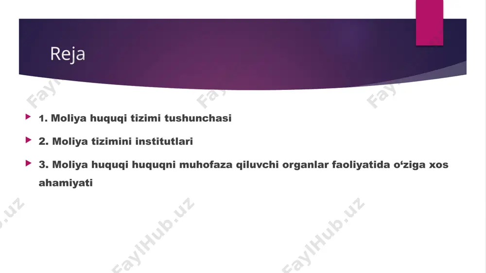 ushishi normalari va shartlari, shuningdek shu mablag‘lardan foydalanilishi mumkin bo‘lgan maqsadlar qonun hujjatlari bilan belgilanadi. moliya tizimini quyidagi institutlardan iborat 3. sug‘urta – o‘zbekiston respublikasining “sug‘urta faoliyati to‘g‘risida”gi qonuniga binoan yuridik yoki jismoniy shaxslar to‘laydigan sug‘urta mukofotlaridan shakllantiriladigan pul fondlari hisobidan muayyan voqea (sug‘urta hodisasi) yuz berganda ushbu shaxslarga sug‘urta shartnomasiga muvofiq sug‘urta tovonini (sug‘urta pulini) to‘lash yo‘li bilan ularning manfaatlarini himoya qilish tushuniladi.amaldagi qonunchilikka ko‘ra sug‘urta hayotni sug‘urta qilish va umumiy sug‘urta sohalariga bo‘linishi mumkin. 4. kredit – bu vaqtincha bo‘sh turgan pul mablag‘larini va boshqa mablag‘larni ma’lum bir muddatga va haq evaziga qaytarib berishlik sharti bilan qarzga berishdir. kredit munosabatlari ikki sub’yekt o‘rtasida: qarz beruvchi va qarz oluvchi o‘rtasida yuzaga keladi. moliya tizimini quyidagi institutlardan iborat 5. korxona, muassasa va tashkilotlarning moliyasi – bu iqtisodiy munosabatlar tizimi bo‘lib, uning jarayonida davlatning markazlashmagan pul mablag‘lari jamg‘armalari tashkil etiladi va foydalaniladi. bu pul mablag‘lari jamg‘armalari korxonalarning kundalik boshqaruvida bo‘ladi. korxonalar …