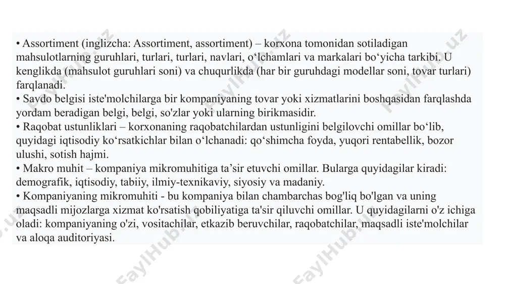 at uchun so'ralgan pul miqdori yoki iste'molchi ma'lum bir mahsulot yoki xizmatni sotib olish evaziga qurbon qilishga tayyor bo'lgan foyda va qadriyatlar miqdorini bildiradi. narx elementiga kiritilgan komponentlar: narx belgilash (mahsulot sotuvga taklif qilinadigan mahsulot narxini aniqlash jarayoni) chegirma (xaridorlarni mahsulot sotib olishga rag'batlantirish vositasi - bu sotuvga qo'yilgan mahsulot narxi pasayganligini anglatadi) • joy (inglizcha joy, “savdo”, “tarqatish” deb ham ataladi) yoki mahsulotni tarqatish yoki iste’molchiga yetkazish usullari – marketing aralashmasi elementining asosiy mazmuni “mahsulotni xaridorga yetkazish”. iste’molchi” – mahsulotni ishlab chiqaruvchidan iste’molchiga yetkazishning optimal sxemasini tanlash, uning jismoniy timsoli (tashuvni, saqlashni, yukni tashishni tashkil etish), shuningdek, iste’molchilarga sotishdan keyingi (xizmat ko‘rsatish) xizmat ko‘rsatish. "joy" elementiga kiritilgan komponentlar: sotish kanallari - ishlab chiqaruvchidan (yetkazib beruvchidan) yakuniy iste'molchigacha bo'lgan tovarlar harakatining traektoriyasi. kanalning uzunligi etkazib beruvchi va iste'molchi o'rtasidagi vositachilar soni bilan tavsiflanadi. odatda tarqatish kanallari va bozor segmentlari o'rtasida moslik mavjud. marketing vazifalari kanallarning samaradorligini boshqarishni o'z ichiga oladi, …