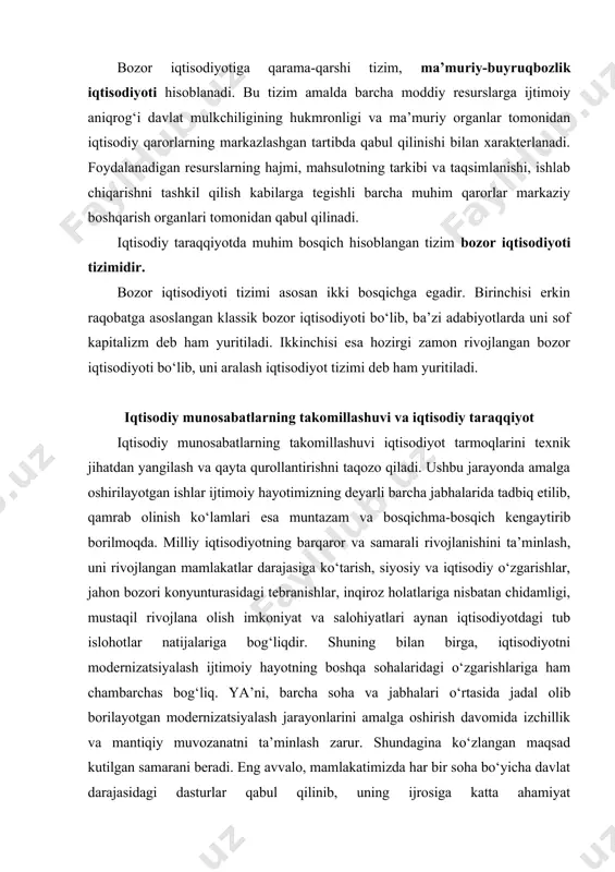 chillik va mantiqiy muvozanatni ta’minlash zarur. shundagina ko‘zlangan maqsad kutilgan samarani beradi. eng avvalo, mamlakatimizda har bir soha bo‘yicha davlat darajasidagi dasturlar qabul qilinib, uning ijrosiga katta ahamiyat qaratilayotganligidir. jumladan, modernizatsiyalash natijalari o‘laroq, zamonaviy va takomillashtirilgan texnika-texnologiyalar yordamida sifatli hamda eksportga mo‘ljallangan mahsulotlar ishlab chiqarilishiga erishilmoqda. o‘zbekiston uchun jahon bozoriga yangi marralarga chiqishning ishonchli yo‘li sifatida inqiroz davom etib turgan yillarga mo‘ljallangan iqtisodiy dasturlarning shu yillarda quyidagi eng muhim yo‘nalishlari belgilab berildi: - tarkibiy o‘zgarishlarni davom ettirish va iqtisodiyotni diversifikatsiyalash, buni birinchi navbatda, xalqaro sifat standartlariga javob beradigan, ichki va tashqi bozorlarda talab yuqori bo‘lgan raqobatbardoshli mahsulotlar ishlab chiqarishga yo‘naltirilgan iqtisodiyotning eng muhim tarmoqlarini modernizatsiya qilish, texnik va texnologik jihatdan qayta jihozlash yo‘li bilan amalga oshirish, mamlakatni modernizatsiya qilish va iqtisodiy taraqqiyotga erishishning eng muhim omili sifatida ishlab chiqarish va ijtimoiy infratuzilmani yanada rivojlantirish. - korxonalarni texnik qayta qurollantirish - alohida ishlab chiqarish turlarini zamonaviy talablarga asosan yangi texnika va …