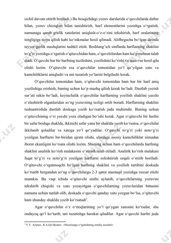 vazifani o‘z ichiga oladi: bolalar o‘qituvchining so‘zini tinglaydilar, doskaga yozgan harf va so‘zlarni ko‘rib boradilar, ayrim matnlarni ko‘chirib yozadilar, so‘z va bo‘g’inlarni tahlil qiladilar va hokazo. har bir yozuv mashg’ulotini boshlashdan oldin hamda butun dars jarayonida ham o‘quvchilarga to‘g’ri o‘tirish qoidalarini eslatib turish maqsadga muvofiqdir. bu masalani oson hal etishning yana bir yo‘li sinfga to‘g’ri o‘tirish qoidalari ko‘rsatilgan ko‘rgazmalarni osib qo‘yishdir. o‘quvchilarda chiroyli, aniq va toza yozishga qiziqish va muhabbat uyg’otish uchun birinchi navbatda o‘qituvchining o‘zi chiroyli yozishi lozim. kurs ishining maqsadi: o‘quvchilarda ona tilida to‘g‘ri yozish ko‘nikmalarini shakllantirishning nazariy va amaliy asoslarini o‘rganish hamda samarali usullarni aniqlash. kurs ishining vazifalari: 1. to‘g‘ri yozish ko‘nikmalarini shakllantirishga oid mavjud uslublarni o‘rganish. 2. o‘quvchilarda yozma savodxonlikni rivojlantirishga qaratilgan amaliy mashg‘ulotlarni tahlil qilish. 3. yozma nutqda yo‘l qo‘yiladigan xatolar va ularni bartaraf etish yo‘llarini ko‘rsatish. 4. mazkur mavzu bo‘yicha metodik tavsiyalar ishlab chiqish. kurs ishining obyekti: o‘quvchilarning yozma nutq faoliyati va savodxonlik darajasi. …