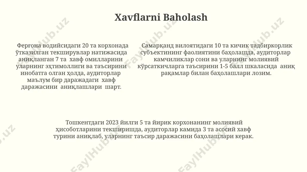 и баҳолайди. аудиторнинг масъулияти, хусусан, 2023 йилги солиқ йили бўйича, 1 миллион доллардан ортиқ активлари бўлган корхоналар учун, ўта муҳимдир ва қонунчиликка риоя этилишини таъминлайди. qonunchilik va me’yorlarga muvofiqlik тошкент шаҳридаги аудиторлик фирмалари 2023 йил 1 июлдан бошлаб янгиланган ҳисобот шаклларидан, яъни 3-сонли ва 5-сонли шакллардан фойдаланишлари ва 10 кун ичида тегишли органларга тақдим этишлари лозим. ўзбекистон республикасининг 2019 йилдаги 200-сонли қонунига мувофиқ, тафтишчиларга 5 йилдан ортиқ тажрибага эга бўлиши ва ҳисоботларни халқаро стандартларга мувофиқ тайёрлаш малакасига эга бўлиши шарт. ўзбекистон республикасининг 2019 йилдаги 200-сонли қонунига мувофиқ, тафтишчиларга 5 йилдан ортиқ тажрибага эга бўлиши ва ҳисоботларни халқаро стандартларга мувофиқ тайёрлаш малакасига эга бўлиши шарт. professional standartlar professional etik standartlar, masalan, ifacning (xalqaro buxgalterlar federatsiyasi) etik kodi, auditorlarga ob'ektivlik, mustaqillik va sir saqlash kabi muhim qadriyatlarga rioya qilishni talab qiladi, bu esa 170 dan ortiq mamlakatdagi auditorlar uchun majburiydir. xalqaro audit standartlari (isa) 315, 500 va 700-sonli standartlar auditorlarga mijozlarning ichki …