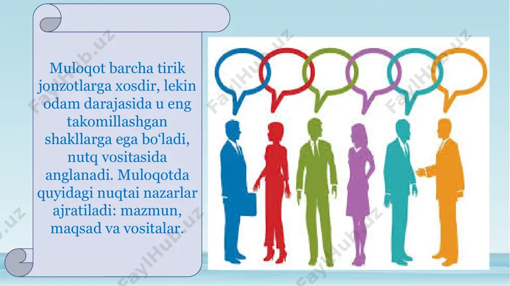 ik vositalari (radio- va videotexnika, yozuvning mexanik, magnitli, lazerli va boshqa shakllari) dagi belgilar tizimlari va yozuvdan iborat. 2. ohang, emotsional ifodalanganlik, bir xil iboraga turlicha ma’no berishga qodir. suhbatdoshning mimikasi, gavda holati, nigohi ibora ma’nosini kuchaytirishi, to‘ldirishi yoki rad etishi mumkin. imo-ishoralar muloqot vositasi sifatida umumiy qabul qilingan, ya’ni, belgilangan ma’noga ega bo‘lishi yoki ekspressiv, ya’ni, nutqning ifodaliligini yanada oshirishi mumkin. suhbatdoshlar muloqotidagi masofa madaniy, milliy an’analarga, suhbatdoshga bo‘lgan ishonch darajasiga bog‘liq bo‘ladi. muloqot quyidagi bosqichlarga bo‘linadi: - muloqotga bo‘lga ehtiyoj (axborotni yetkazish yoki undan xabardor bo‘lish, suhbatdoshga ta’sir ko‘rsatish zarur, va h.k.) boshqa odamlar bilan aloqaga kirishishga undaydi; - muloqot maqsadlari, muloqot vaziyatini to‘g‘ri belgilash; - suhbatdosh shaxsini belgilash; - o‘z muloqoti mazmunini rejalashtirish, odam aynan nima haqida so‘z yuritishini tasavvur qiladi (odatda anglanmagan holda); - inson ongsiz ravishda (ba’zan ongli) foydalanishi mumkin bo‘lgan aniq vositalar, nutqiy iboralarni tanlaydi, qanday gapirib, o‘zini qanday tutishini o‘ylab qo‘yadi; - suhbatdoshning …