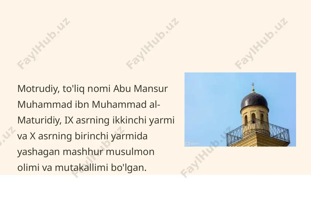 r nechta madrasalarni tashkil qilgan, bu madrasalar keyinchalik islom ilmining rivojiga katta hissa qo'shgan. 2 kutubxonalar motrudiy kutubxonalarni barpo etishga mablag' ajratgan, bu kutubxonalar musulmonlar uchun bilimlar manbai bo'lgan. 3 xayriya jamg'armalari u xayriya jamg'armalari tashkil qilishga tashabbus ko'rsatgan, bu jamg'armalar ehson va xayriya ishlarini amalga oshirgan. motrudin ta'limotlarining zamonaviy ahamiyati 1 din va ilm motrudiy din va ilm o'rtasidagi uyg'unlikni ta'kidlagan, bu g'oya zamonaviy dunyoda ham ahamiyatli. 2 bag'rikenglik motrudin ta'limotlari bag'rikenglik va tinchlikka chaqiradi, bu g'oya hozirgi kunda ham dolzarb. 3 axloqiy qadriyatlar uning ta'limotlarida axloqiy qadriyatlar, adolat, halollik va mehribonlik muhim o'rin tutadi. motrudin ta'limotlarining olamiy taraqqiyotga ta'siri 1 islom ilmi motrudiyning ta'limotlari islom ilmining rivojiga katta ta'sir ko'rsatgan. 2 islom madaniyati uning ta'limotlari islom madaniyatining shakllanishiga ham ta'sir qilgan. 3 jamiyat motrudiyning ta'limotlari jamiyatda tinchlik va uyg'unlikni saqlashga xizmat qilgan. motrudin ibratli hayoti va xulq-atvorlari 1 halollik motrudiy halollik, rostgo'ylik va vijdonlilikni o'zining hayot tarzi qilib …