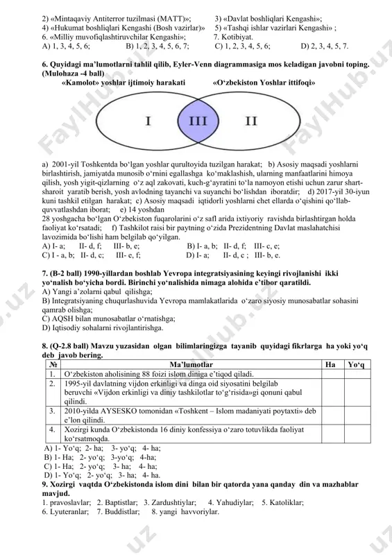 ; c) 1- b, e, 2- d , 3- a; d) 1- b, e, 2- d, 3-c. 4. mavzu yuzasidan olgan bilimlaringizga tayanib quyidagi tarixiy ma’lumotlarga ha yoki yo‘q deb javob bering. № tarixiy ma’lumotlar ha yo‘q 1. hozirda qozog‘istonda 550 mingga yaqin o‘zbek, o‘zbekistonda esa bir millionga yaqin qozoq istiqomat qiladi 2. 2017-yil sentabr oyida qirg‘iziston prezidenti sooranbay jeenbekov taklifiga binoan prezident shavkat mirziyoyev bishkekda bo‘ldi. 3. 2017-yilning aprelida 25 yillik tanaffusdan so‘ng dushanbe va toshkent o‘rtasidagi aviaqatnov yana tiklangan 4. 1991-yildan 2016-yilga qadar o‘zbekiston va turkmaniston mamlakat rahbarlarining 15 marta oliy darajadagi tashriflari amalga oshirilgan a) 1- ha, 2- yo‘q; 3- ha, 4- yo‘q. b) 1- ha, 2- ha, 3- ha, 4- yo‘q; c) 1- yo‘q, 2- ha, 3- yo‘q; 4-yo‘q; d) 1- yo‘q, 2- ha, 3- yo‘q, 4- ha. 5. quyidagilardan shhtning oliy organlariga kiradigan tashkilotlarni toping. 1) «vazirlar va (yoki) idoralar rahbarlari yig‘ilishi»; 2) «mintaqaviy antiterror …
