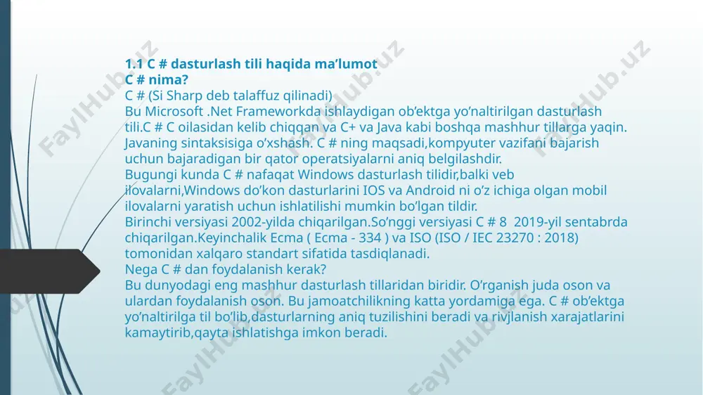 ozir biz errorprovider kompanentsi yordamida talabaning ma’lumotlari jamlanmasini o’zida mujassamlashtirgan loyiha yaratamiz ko’rinib turibdiki biz loyihani ishga tushirganimizda talabning ma’lumotlari eranda namoyon boladi va biz unga o’zgartirish kiritishimiz mumkin bo’ladi e’tiboringiz uchun rahmat image1.png image2.png /docprops/thumbnail.jpeg