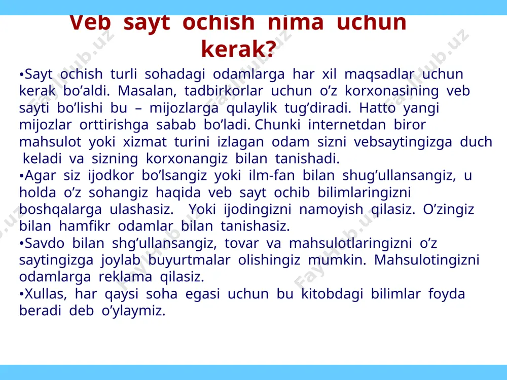 elidan ishorat berish yoki o‘zgartirish " sozdat ili izmenit ssilku " nomli tugma faollashtiriladi. tarmoqdagi web sahifa manzili (url) yoki ma'lum bir hujjat manzili kiritiladi. web sahifaga ma'lum bir ob'ekt ko‘rinishini (rasmni) qo‘yish qurollar panelidan "vstavit izobrajenie" nomli tugma faollashtiriladi paydo bo‘lgan muloqot tizimidan " obzor " nomli tugmacha faollashtirilib kerakli rasm tanlanadi web sahifaga maxsus elementlarni o‘rnatish " vstavka " menyusi faollashtiriladi yoritilgan menyudagi maxsus elementlardan biri (ko‘ndalang chiziq, yuguruvchi satr va h.k.) tanlanadi. web sahifaga fonlar yoki rasmdan iborat fonlar berish " format " menyusi faollashtiriladi "fon" komandasi tanlanadi ekrandagi faol web sahifani saqlash qurollar panelidan " soxranit/kak " tugmasi faollashtiriladi faylning nomi va web sahifa ochilganda ekranning yuqori qismida ko‘rinib turuvchi sahifa nomi kiritiladi. web sahifani html formatida ko‘rish “vid" menyusidan html komandasi faollashtiriladi katta tasvirlar yaratishdan qoching. bunda hajmi 35 kbaytdan yuqori gif-fayl katta deb hisoblanadi. har qanday katta tasvir yuklash vaqtini oshirib, o‘quvchining g‘ashiga tegadi …
