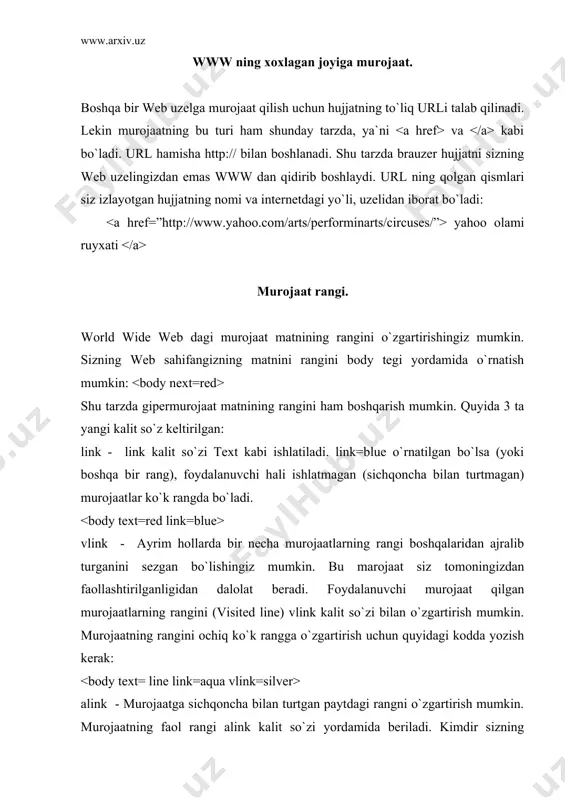 a tasvirlarning hoxlagan turi, rasmlar va piktogrammalardan foydalanish mumkin. (fon bezaklaridan tashqari). maslahat tasvirlar murojaat sifatida tez-tez ishlatiladi. iloji boricha tushunarli tasvirlardan foydalaning, shunda foydalanuvchilar murojaat ularni qanday manzilga olib borishni tushunadilar. masalan, agar siz uy sahifangizda sevimli qo`shiqlaringiz ro`yxatiga murojaat qilmoqchi bo`lsangiz, musiqaga doir piktogrammadan foydalaning. tasvir murojaatlaridan foydalanganda alternativ matn berish zarur. tasvir ko`rinmay qolganda foydalanuvchilar shu orqali murojaatdan foydalanishlari mumkin. ayrim foydalanuvchilarda tasvirni yuklash ko`p vaqtni talab qiladi. ular uchun alternativ matn juda zarur, ana shunda ular nima ko`rishlarini bilib oladilar. ixtiyoriy bir tasvirga murojaat chiqarish uchun quyidagicha kodni kiritamiz: bu matn o`rniga tegini kiritganimizga e`tiboringizni karating. shu tariqa grafik murojaat berish mumkin. adabiyotlar: 1. шафран э. создание web-страниц: самоучитель-спб:питер,2001.-320с. 2. игорь шапошников html4 «бхв-петербург» 2002. 3. www.ziyonet.uz 4. www.uzedu.uz 5. www.tuit.uz