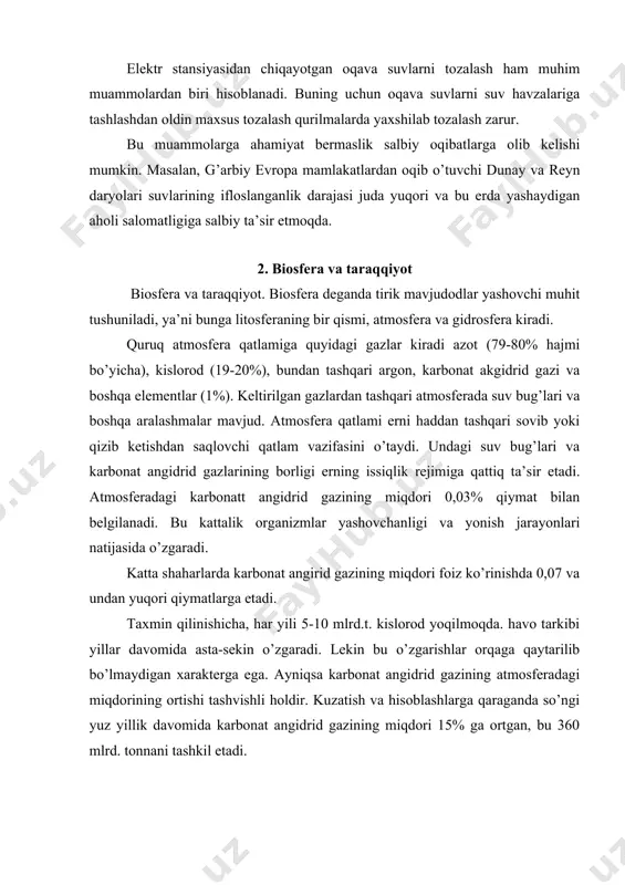 nniga ko’ra, 2005 yilga kelib atmosferadagi karbonat angadrid gazining miqdori, elektr stansiya, sanoat va transportdagi organik yoqilg’i yoqilishning ortishi hisobiga, 50% ga ortishi kutilmoqda. bu gazlarning atmosferada to’planishi, o’simlik qatlami maydonlarining qisqarganligi va okeanni neft mahsulotlari bilan ifloslanganligi bilan izohlanadi. agar qo’llanilayotgan birlamchi energiya manbalarini 100% deb hisoblasak, undan faqat 30-40% energiya olinadi, qolgan katta qismi issiqlik ko’rinishida yo’qotiladi. energiya yo’qotishlar asosan hozirgi davrdagi energetik mashinalarning texnik tavsiflari bilan ifodalanadi. rasm yonuvchi qazilmalarni yoqishdan hosil bo’layotgan tabiatdagi energiyaning aylanish sxemasi energiya zahiralarini iste’moli tez sur’atlarda va dunyo ishlab chiqarishiga bog’liq ravishda o’smoqda. taxmin qilinishicha, 2005 yilga kelib energiya zahiralarining iste’moli 160-240 ming tvt/soatni (ya’ni 20-30 mlrd. tonna shartli yoqilg’iga teng) tashkil etishi mumkin. 2005 yildan so’ng qolgan dunyo energiya zahiralari, yadro va termoyadro energetikasini hisobga olmagan holda, yana 100-250 yilga etadi. bu ma’lumotlar taxminan, lekin kelajakni ayrim ko’rinishlarini yoritib beradi. rasmda energiya tashuvchilarni dunyodagi iste’moli to’g’risida ma’lumotlar berilgan. dunyoda energiya …