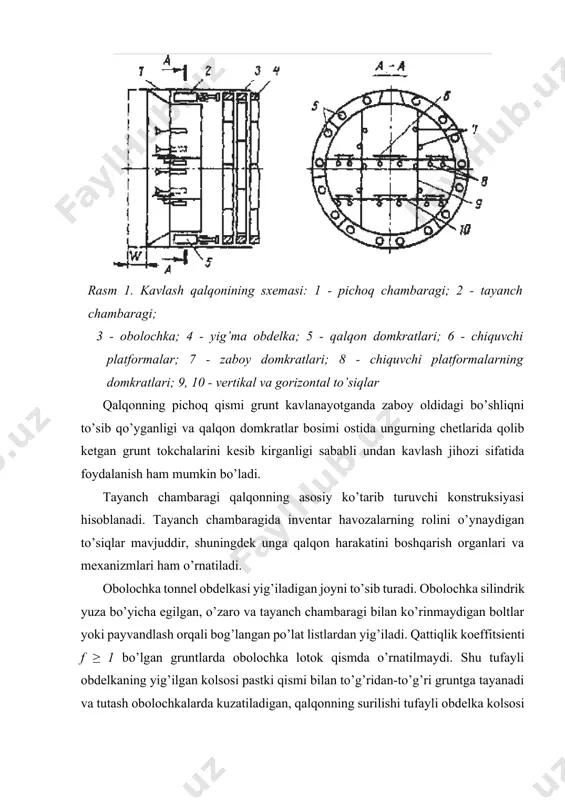 hi mumkin. mexanizatsiyalashgan qalqonlar esa, odatda, ma’lum bir jinsli gruntlarni kavlashga mo’ljallangandir. suvga to’yingan gruntlarni kavlashda qo’llaniladigan mexanizatsiyalashgan qalqon konstruksiyasi sifatida 8.2,a-rasm da keltirilgan qalqonni ko’rsatish mumkin. bu qalqonning radial to’sinlarida krestovina aylanganda va u oldinga surilganda zaboy yuzasidan gruntlarni kesib tushiradigan pichoqlar o’rnatilgan. zaboy yaqinidagi bo’shliq po’lat diafragma bilan to’silgan va bentonit loyi qorishmasi bilan to’ldirilgan. bu qorishma ayni paytda vaqtinchalik mustahkamlash elementlari funksiyasini bajaradi, kavlangan gruntni qalqon chegarasidan chiqaradi. grunt tindirgichlarda to’planadi va keyin vagonetkalarga yuklanadi. diafragma bilan to’silgan bo’shliqda ma’lum bir ortiqcha bosim ushlab turiladi. shunday konstruksiyali uchta qalqon yordamida 1970 yili meksikada umumiy uzunligi 30km, diametri 6,2m bo’lgan tonnellar qurilgan. zaboy yaqinidagi bo’shliqda bentonit qorishma 0,6mpa ga teng bosim ostida harakatlangan. moskva metropoliteni tonnelini qurishda tabiiy namlikka ega bo’lgan qumlarni kavlash uchun bosh tomonida kesuvchi to’siqlari bo’lgan qalqonlar (8.2,b-rasm) ishlatilgan. qalqonni siljitish va to’siqlardan qum to’plamlarini vaqtida olib tashlash operatsiyalarini muvofiqlashtirib ishni to’g’ri tashkil etish hisobiga …