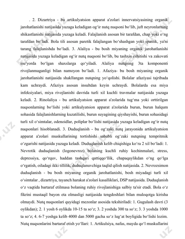 o‘rquv, haddan tashqari qattiqqo‘llik, chapaqaylikdan o‘ng qo‘lga o‘rgatish, oiladagi ikki tillilik, duduqlanuvchiga taqlid qilish natijasida. 2. nevrozsimon duduqlanish - bu bosh miyaning organik jarohatlanishi, bosh miyadagi turli xil o‘simtalar , dizartriya, tayanch harakat a'zolari kasalliklari, dsp natijasida. duduqlanish o‘z vaqtida bartaraf etilmasa bolaning ruhiy rivojlanishiga salbiy ta'sir etadi. bola o‘z fikrini mustaqil bayon eta olmasligi natijasida tengdoshlari bilan muloqotga kirisha olmaydi. nutq nuqsonlari quyidagi mezonlar asosida tekshiriladi: 1. gugulash davri (3 oylikdan); 2. 1 yosh 6 oylikda 10-15 ta so‘z; 3. 2 yoshda 300 ta so‘z; 3. 3 yoshda 1000 ta so‘z; 4. 6-7 yoshga kelib 4000 dan 5000 gacha so‘z lug‘at boyligida bo‘lishi lozim. nutq nuqsonlarini bartaraf etish yo‘llari: 1. artikulsiya, nafas, mayda qo‘l muskullarini rivojlantiruvchi mashqlar; " 2. logomassaj (nuqtali , bo‘shashtiruvchi, tetiklashtiruvchi massaj); 3. muammoli tovushni nutqqa qo‘yish (taqlid va mexanik usulida); 4. nutqni rivojlantiruvchi didaktik o‘yinlar [4]. hulosa qilib aytganda bu nuqson qо’zg’alish va tormozlanish jarayonlarining …