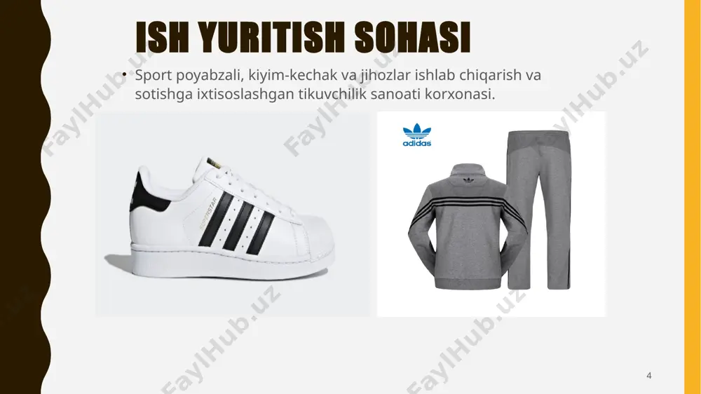 sadi xodimlarni kelajak uchun yuqori boshqaruv lavozimlariga tayyorlashga tayyorlashdir. faqat 20 finalchi final bosqichiga yo'l oladi. dastur xodimlarni yangi rol o'ynab, yangi xalqaro va o'zaro faoliyat funktsional martaba boshlashi mumkin bo'lgan 20 finalchidan biri bo'lishga undaydi kuchli tomonlari zaif tomonlar rivojlangan chakana savdo tarmog’i, mashhur sportchilar bilan shartnomalar, mashhur status brendi boshqaruvning past ta’siri xodimlarni jalb qilmaslik moliyaviy ko’rsatkichlar o’sishi savdo nuqtalariga bog’liq imkoniyatlar tahdidlar aholi orasida sportning ommaviy oshib borishi elektron tijoratni rivojlanishi yuqori raqobat soxta raqobatlar oyoq kiyimlarni olib kirishda bojxona to’lovlarini oshirishi. mezon adidas nike puma asics diapazon sport, kundalik kiyimlar sport kiymlari, aksesuarlar sport kiyimlari, parfumiriya sport kiyimlari va poyabzal narx darajasi o’rtacha yuqori o’rtacha yuqori maqsadli auditoriya barcha yosh toifalari yoshlar o’rta yoshlar barcha yosh toifalari yoshlar o’rta yoshlar to’plamni yangilash chastotasi yiliga 3-4 marta yiliga 2-3 marta yiliga 3-4 marta yiliga 2-3 marta firmaning obrusi yuqori mashhurlik yuqori mashhurlik o’rtacha mashhurlik muayyan doiralarda mashhurlik …