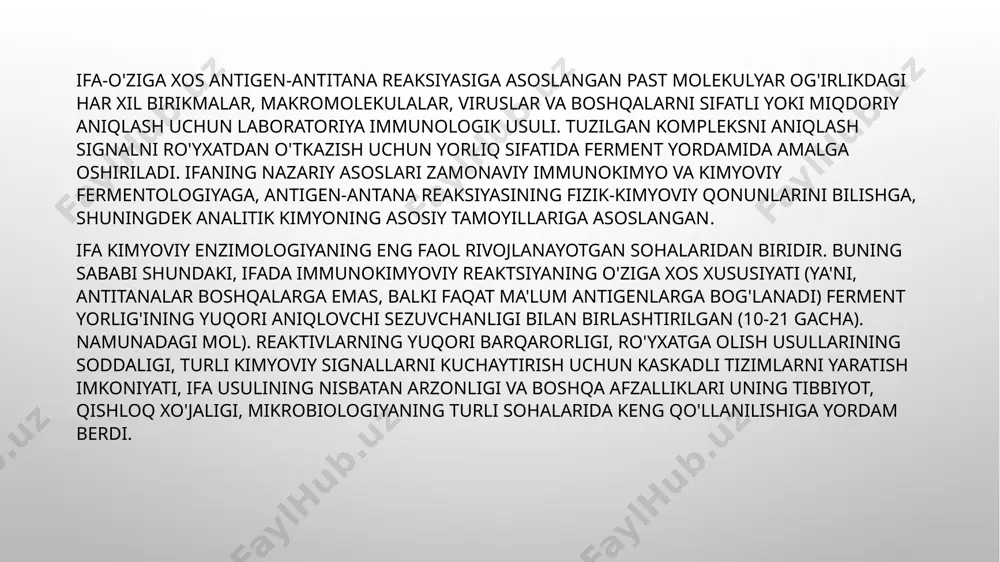 ishi bilan bunday o'zaro ta'sirlarning samaradorligi oshadi. bugungi kunga kelib,ifaning asosiy va kichik farqlariga ega bo'lgan ko'p sonli turli xil variantlari ishlab chiqilgan. adabiyotda ifa usullarining xilma -xilligi to'g'risida yagona aniq tasnif yo'q, bu umumiy naqshlarni aniqlash va turli usullarning imkoniyatlarini qiyosiy baholashni qiyinlashtiradi. odatda, ifa usullarini ko'rib chiqish geterogen va bir hil bo'lishga, ya'ni qattiq bosqich ishtirokida yoki faqat eritmada tahlilning barcha bosqichlarini o'tkazish tamoyiliga ko'ra amalga oshiriladi. ifa dagi asosiy jarayon - tahlil qilingan birikmani o'ziga xos antitana bilan "tanib olish" bosqichi. immunokimyoviy komplekslarni hosil qilish jarayoni qat'iy miqdoriy nisbatda sodir bo'lganligi sababli, yaqinlik, komponentlarning konsentratsiyasi va reaktsiya sharoitlari tufayli, tahlil qilingan birikmaning dastlabki kontsentratsiyasini aniqlash uchun hosil bo'lgan immunitet komplekslarining miqdoriy bahosi etarli. antigen tahlilida bu baholashga ikkita yondashuv mavjud: 1. hosil bo'lgan komplekslar kontsentratsiyasini to'g'ridan -to'g'ri o'lchash; 2. qolgan erkin (reaksiyaga kirishmagan) antikorlarning konsentratsiyasini aniqlash. shubhasiz, ikkinchi holda, hosil bo'lgan immunitet komplekslarining soni qo'shilgan antikorlarning umumiy …