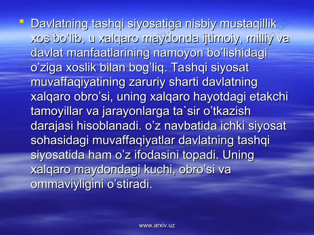 lar, tashkilotlar, xayriya jamg’armalari, xususiy shaxslarning badallari va boshqalar hisobiga amalga oshiriladigan ijtimoiy himoya shakllariga qo’shimcha tarzda ko’rsatiladi. ijtimoiy yordam ko’rsatishda boshqa tamoyillar bilan bir qatorda adreslilik va ustuvorlik tamoyili ham muhim rol o’ynaydi. www.arxiv.uz www.arxiv.uz ijtimoiy o’ziga-o’zi yordam ko’rsatish – o’zining turmush kechirishi uchun tegishli shart-sharoitni ta`minlash maqsadida alohida individ yoki muayyan ijtimoiy guruh tomonidan qo’llanadigan ijtimoiy, ijtimoiy-psixologik va ijtimoiy-pedagogik vositalar yig’indisi. izoh: mazkur mashg’ulotning mazmuni “teoriya i metodika sotsial’noy raboti: kratkiy kurs / pod red. v.i.jukova. – m.: soyuz, 1994.” kitobining tegishli bobi mazmuniga asoslanib bayon etildi.. www.arxiv.uz www.arxiv.uz ijtimoiy xizmat ko’rsatish turlari: moddiy yordam: pul mablag’lari, oziq-ovqat mahsulotlari, dori-darmonlar, sanitariya va gigiena vositalari, bolalarga qarash predmetlari, kiyim-kechak, poyafzal, kundalik zaruriy predmetlar; nogironlikning oldini olish, nogironlar va tashqaridan qarovga muhtoj shaxslarni reabilitatsiya qilish uchun zarur bo’lgan maxsus naqliyot va texnika vositalari; doimiy nostatsionar xizmat ko’rsatishga muhtoj bo’lgan fuqarolar va oilalarga ijtimoiy vosiylik: ijtimoiy-maishiy xizmatlar ko’rinishidagi yordam, tibbiy yoki …