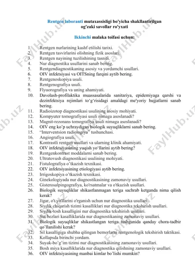 rentgen laboranti mutaxassisligi bo‘yicha og‘zaki savollar ro‘yxati — DOCX