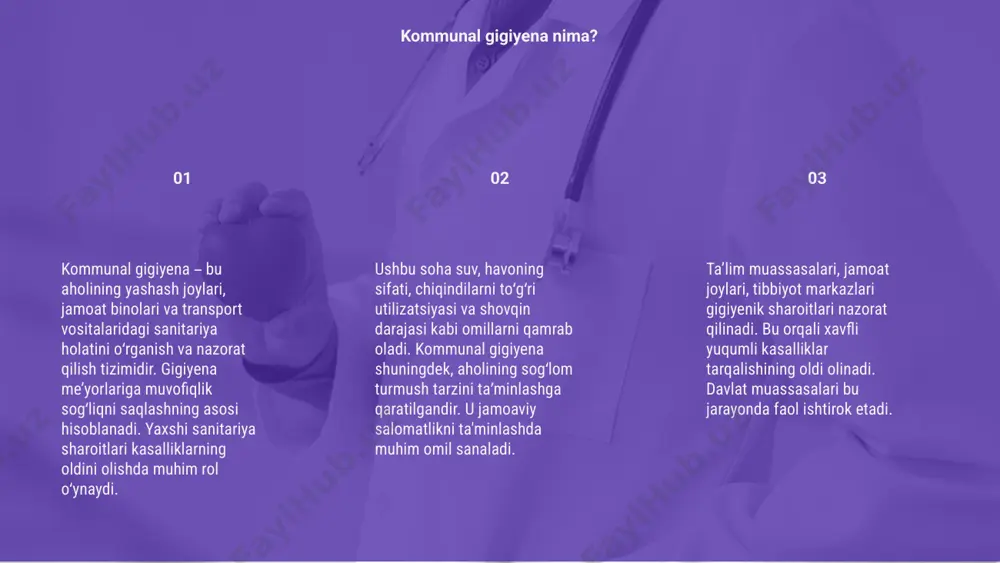 jamiyat qurishga zamin yaratadi. ta’lim va targ‘ibot shartdir. sog‘lom muhit yaratish yo‘llari kommunal gigiyena aholining yashash sharoitlari, toza ichimlik suvi, chiqindilarni utilizatsiyasi va sanitariya holatini nazorat qilishni o‘z ichiga oladi. gigiyena bo‘yicha qonunchilik, aholining salomatligini saqlash hamda yuqumli kasalliklarning oldini olishga qaratilgan qoidalardan iborat bo‘lgan tizimdir. davlat gigiyena talablariga amal qilishni nazorat qiladi, sanitariya me'yorlariga rioya qilinmagan hollarda javobgarlik choralarini belgilaydi va bajarilishini ta'minlaydi. gigiyena bo‘yicha qonunchilik e’tiboringiz uchun rahmat image1.png image2.png image3.png image4.gif image5.png image6.png image11.png