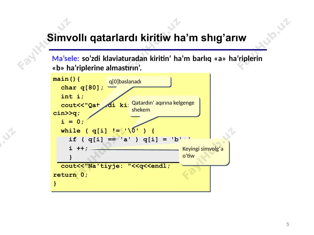 ); puts ( s ); } 0987654321 0987612345 28 29 funktsiyada simvolı qatarlar ma’sele: qatardag’ı tsifrlardın’ sanın anıqlaytug’ın funktsiya du’zin’. int numdigits ( char s[] ) { int i, count = 0; for ( i = 0; i < strlen(s); i ++ ) if( strchr ( "0123456789", s[i] ) ) count ++; return count; } void main() { char s[80]; int n; cout << "qatardi kiritin’:\n"; gets ( s ); n = numdigits ( s ); cout << s << " tsifr tabildi." << endl; } if ( strchr ( "0123456789", s[i] ) != null ) yamasa if ( '0' <= s[i] && s[i] <= '9' ) 29 /docprops/thumbnail.jpeg
