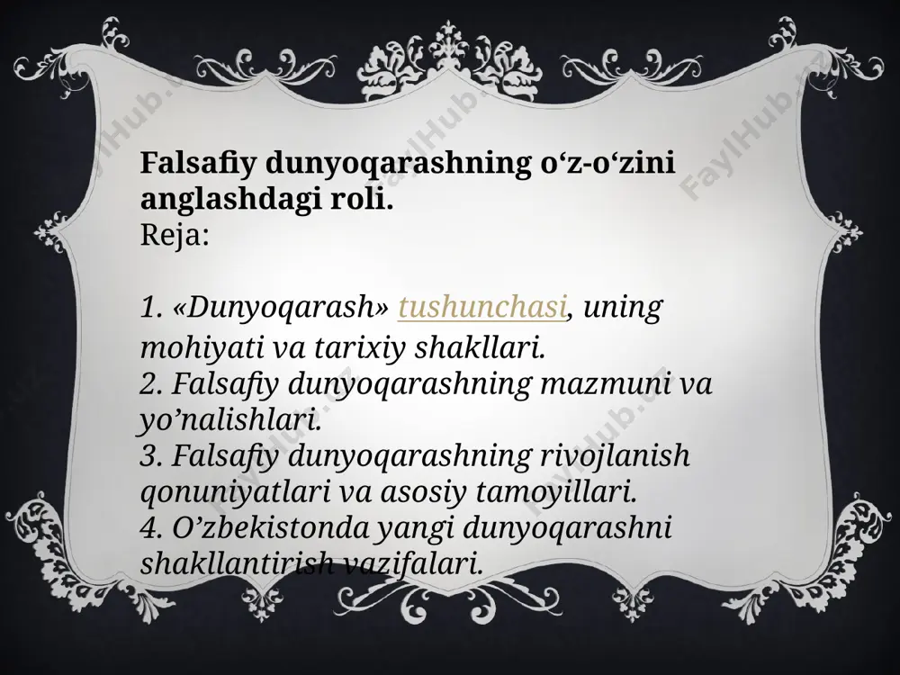 qyea-hodisalarning ichki, tashqi nigohdan yashirin mohiyatini to‘g‘ri xulosa, fikr qilish orqali topishga qaratilgan. qadimgi xitoy faylasuflari o‘z davridayoq yakuniy shakldagi daobilimi (bevosita ma'lum modda dunyosini bilish) va asosiy sabab sifatidagi dao(mohiyatni bilish)ni farqlaganlar. asosiy sabab sifatidagi daoni bilish - yakuniy shakldagi daoni bilish kalitidir etiboringiz uchun kattakon raxmat image3.png image4.jpeg image5.jpeg image6.png image7.png image8.jpeg image9.jpeg image2.png /docprops/thumbnail.jpeg