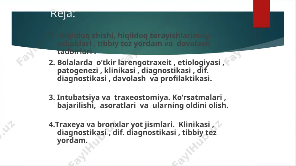 tez rivojlangan hiqildoq torayishi - u bir necha sekund va daqiqalar ichida rivojlanadi. masalan, nafas yo‘llari yot jismida 2. o‘tkir hiqildoq torayishi bir necha soat yoki bir necha kun davomida rivojlanadi. masalan: hiqildoq anginasida, hiqildoqning termik yoki kimyoviy kuyishlarida, yallig‘lanish jarayonlarida… hiqildoq kuyishlari 3. sekin rivojlangan hiqildoq torayishi bir necha kun, bir necha hafta davomida rivojlanadi. masalan: hiqildoq difteriyasida, jarohatlarda, yuqumli kasalliklarda hiqildoq xondroperexondritida, qaytuvchi asab tolasining qisman yoki to‘liq falajida. ovoz boylamlari gronulyomasi 4. surunkali hiqildoq torayishi u bir necha hafta va undan ortiq vaqt davomida rivoj-lanadi. masalan: qalqonsimon bez o‘smasida, hiqildoqning yuqumli granulyomalarida, hiqildoqni tashqi tomondan qalqonsimon bez kattalashib qisganda, hiqildoq kistasida, hiqildoq o‘smasida va traxeostomiyadan so‘nggi holatlarda kuzatiladi. hiqildoq va traxeyani o‘tkir torayish bosqichlari torayishlar 4 – bosqichga bo‘linadi: 1 – kompensatsiya bosqichi. 2 - subkompensatsiya bosqichi. 3 – dekompensatsiya bosqichi.4 – asfiksiyabosqichi. torayishni 4 darajasi hiqildoq va traxeya o‘tkir torayishi davrlari: i kompensatsiya davri: hansirash faqat …