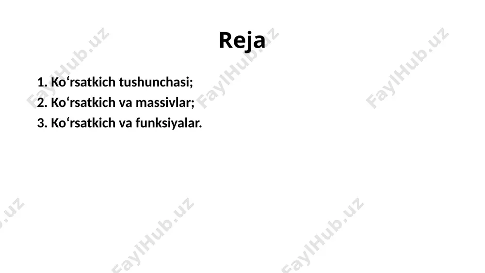 larning (yani harqanday ob'ektning) adresini olishda biz & operatorini - adres olish operatorini qo'llaymiz. bu kontekstda & operatori bir dona argument oladi. undan tashqari & ikkili operatori bitli qo'shishda qo'llaniladi. adres olishga misol keltiraylik. int *iptr, var = 44; iptr = &var; double d = 77.0, *dptr = &d; operator ‘&‘ ko‘rsatkich va ma‘lumot ko‘rsatkich ko‘rsatkichlarga misol //a=0 aning qiymati 0 //ptr a o‘zgaruvchining adresini saqlayapti a o‘zgaruvchining qiymati oshdi a o‘zgaruvchining qiymati 3 ga ortdi a o‘zgaruvchining qiymati 1 ga oshdi ptr adres ko‘rsatkichi keyingi yacheykaga surildi. bu hatoga olib keladi. ko‘rsatkich orqali o‘zgaruvchilarni yo‘naltirish oldin ifoda keyin adreslar va yo‘naltirish operatorlari ko‘rsatkichni elon qilinishi ko‘rsatkichni elon qilinishi initsalizatsiyalanmagan ko‘rsatkichlar initsalizatsiyalangan ko‘rsatkich o‘zgaruvchi ko‘rsatkichning moslashuvchanligi bir o‘zgaruvchi bilan ko‘p ko‘rsatkichlarni ishlatilishi funksiyaga qiymat uzatish funksiyaga havola orqali qiymat uzatish funksiyaga adres orqali qiymat uzatish funksiyalarning ko‘rsatkich qaytarishi ko‘rsatkichga ko‘rsatkich ko‘rsatkich hususiyati ko‘rsatkich hususiyati har bir satr uchun xotira bloki. …