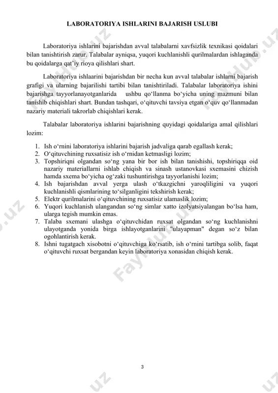 atyoriya ishi №8. asinxron dvigatellarni y/ ulanish sxemalarini o’rganish…………………………………………………………………………26 9. labaratyoriya ishi №9. izolyatsion qarshilikni aniqlash usullarini o’rganish…...30 10. labaratyoriya ishi №10. saqlagich eruvchan o‘rnatmasining me’yoriy tokini tekshirish va tanlash……………………………………………………………..35 11. labaratyoriya ishi №11. bir fazali transformatorlarni tekshirish……………….40 12. labaratyoriya ishi №12. 6-10 kv kuchlanishli o‘chirgichlar konstruktiv tuzilishini o‘rganish va texnik parametrlarini tahlil qilish………………………46 13. adabiyotlar ……………………………………………………………………..60 labaratyoriya ishi №1 (2 soat) xavsizlik texnikasi qoidalari bilan tanishish reja: 1. laboratoriya ishlarini bajarish tartibi va qo`yiladigan talablar; 2. labaratoriya ishini bajarishda texnika xavfsizligi qoidalari. ishning maqsadi: labaratoriya mashg’ulotlarini o’tkazish jarayonida talabalardan talab etiladigan asosiy texnika xavfsizlik qoidalarini o’quvchilarga yetkazish. laboratoriya ishlarini bajarish tartibi va qo`yiladigan talablar: · har bir talabada bajariladigan ish bayonnomasi yozilgan daftar bo`lishi shart. · talaba bajariladigan ishni maqsadi va ishni bajarish to`g`risida tasavvurga ega bo`lishi lozim. · o`qituvchi yoki laborant yordamida ish bajarishga kirishadi. · zarur tajriba natijalarini olib, hisob-kitoblarni bajarib, jadvallarni to`ldirib, zarur grafiklarni chiziladi. · …