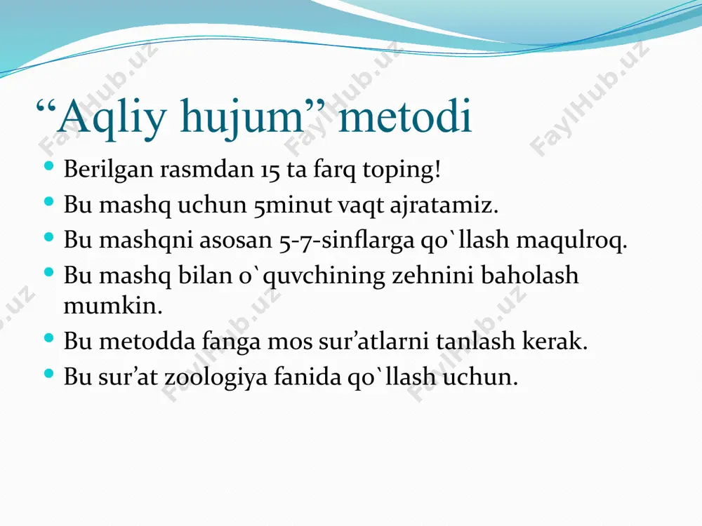 sil oluvchi uchun qizil va yashil rangli kartochkalar hamda mavzuga oid savolnoma tayyorlanadi; – savolnomadan “ha” yoki “yo`q” tarzida javob berish mumkin bo`lgan savollar o`rin olgan; –tahsil oluvchilarga qizil rangli kartochkalarning “tasdiq”, yashil rangli kartochkalarning “inkor” ma’nosini anglatishi uqtirib o`tiladi; – tahsil oluvchilar o`qituvchi tomonidan berilgan savollarga “tasdiq” yoki “inkor” ma’nolarini anglatuvchi kartochkalarni ko`rsatish asosida javob qaytaradilar. umumiy o`rta ta’lim maktablarining viii sinfida “iqtisodiy bilim asoslari” fani bo`yich tashkil etilgan mashg`ulot jarayonida “ qizil va yashil rangli kartochkalar bilan ishlash” metodini qo`llashda tahsil oluvchilarga quyidagi savollarni berish mumkin: e’tiboringiz uchun rahmat image2.jpeg image3.jpeg image4.jpeg /docprops/thumbnail.jpeg