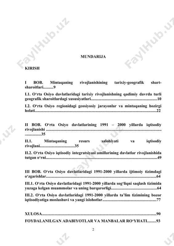 ta osiyo davlatlaridagi 1991-2000 yillarda ta’lim tizimining bozor iqtisodiyotiga moslashuvi va yangi islohotlar.....................................................77 xulosa................................................................................................................90 foydalanilgan adabiyotlar va manbalar ro‘yhati.........93 kirish magistrlik dissertatsiyasi mavzuning asoslanishi va uning dolzarbligi: mamlakatimiz mustaqillikka erishganidan so‘ng, jamiyat ijtimoiy-siyosiy va iqtisodiy hayotining barcha jabhalarida keng o‘zgarishlar jarayoni ro‘y berdi hamda bermoqda. amalga oshirilgan ulkan darajadagi islohotlar ayni damda jahon hamjamiyati tomonidan munosib baholanib amaliy ko‘mak bermoqda. qisqa muddat mobaynida amalga oshirilgan yangiliklarni har jabhada ko‘rish mumkin. shu yillar davomida shaharlar va qishloqlar qiyofasi o‘zgarib, tarixiy va me’moriy yodgorliklar yangicha ranglarda toblana boshladi. bunday o‘zgarishlar intellektual sohada ham o‘z aksini topib, ayniqsa tarix fani sohasida yangicha keng o‘zgarishlar davrini boshlanishiga sababchi bo‘ldi. asosiy tashabbuskor shaxs sifatida mamlakatimiz prezidentini keltirish mumkin. davlat rahbarining say harakatlari tufayli o‘zbek xalqi tomonidan ming yillar mobaynida to‘plangan milliy an’ana va qadriyatlarimizni qayta tiklash bo‘yicha aniq yo‘naltirilgan siyosat olib borilmoqda. bu jarayon nafaqat vatan tarixi balki jahon hamjamiyati uchun muhim tarixiy manba hisoblangan …