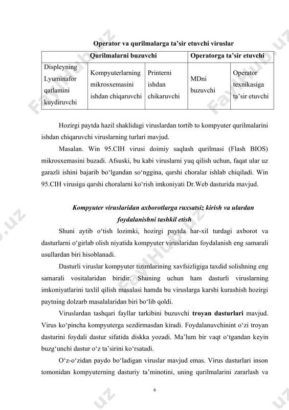 iruslarning yana bir ko‘rinishi boot viruslar bo‘lib, bu virusning vazifasi vinchester va egiluvchan magnitli disklarning yuklovchi sektorini ishdan chiqarishdan iborat. but viruslarning boshi diskning yuklovchi but sektorida va dumi disklarning ixtiyoriy boshqa sektorlarida joylashgan bo‘ladi. virus rezident norezident paketli virusning bosh qismi paketli faylda joylashgan bo‘lib, u operatsion tizim topshiriqlaridan iborat. gibridli viruslarning boshi paketli faylda joylashadi. bu virus ham faylli, ham but sektorli bo‘ladi. tarmoqli viruslar kompyuter tarmoqlarida tarqalishga moslashtirilgan, ya’ni tarmoqli viruslar deb axborot almashishda tarqaladigan viruslarga aytiladi. viruslarning turlari: 1) fayl viruslari. bu viruslar som, exe kabi turli fayllarni zararlaydi; 2) yuklovchi viruslar. kompyuterni yuklovchi dasturlarni zararlaydi; 3) drayverlarni zararlovchi viruslar. operatsion tizimdagi sonfig.sys faylni zararlaydi. bu kompyuterning ishlamasligiga sabab bo‘ladi; 4) dir viruslari. fat tarkibini zararlaydi; 5) stels-viruslari. bu viruslar o‘zining tarkibini o‘zgartirib, tasodifiy kod o‘zgarishi bo‘yicha tarqaladi. uni aniqlash juda qiyin, chunki fayllarning o‘zlari o‘zgarmaydi; virus tarmoqli faylli yuklanuvchi faylli yuklanuvchi 6) windows viruslari. windows …