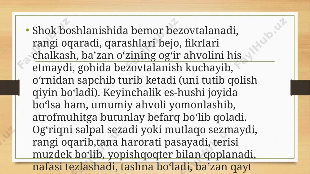 klar (ortiqcha suyuqlikni chiqarish uchun). yurak ritmini tiklash yoki aritmiyani davolash. anafilaktik shok sabablari: og'ir allergik reaktsiya (masalan, oziq-ovqat, dori-darmon, jonzotlar va h.k.). tashxis: terining qizarishi, qichishishi, toshmalar, nafas olishning qiyinlashishi, past qon bosimi. davolash: adrenalin (epinefrin) in'ektsiyasi. antihistaminlar. kortikosteroidlar va boshqa allergiya dorilari. image3.png image4.png /docprops/thumbnail.jpeg