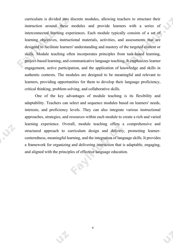 unities for them to develop their language proficiency, critical thinking, problem-solving, and collaborative skills. one of the key advantages of module teaching is its flexibility and adaptability. teachers can select and sequence modules based on learners' needs, interests, and proficiency levels. they can also integrate various instructional approaches, strategies, and resources within each module to create a rich and varied learning experience. overall, module teaching offers a comprehensive and structured approach to curriculum design and delivery, promoting learner-centeredness, meaningful learning, and the integration of language skills. it provides a framework for organizing and delivering instruction that is adaptable, engaging, and aligned with the principles of effective language education. chapter i understanding module teaching 1.1. definition and conceptual framework definition and conceptual framework refers to the process of clearly defining key terms or concepts and establishing a theoretical framework within which those terms or concepts operate. this process is crucial in …