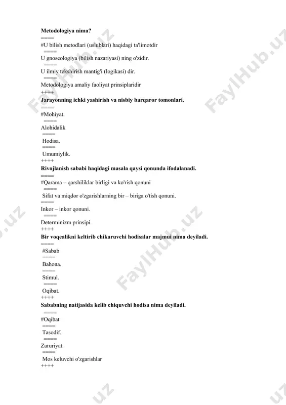 . ++++ qaysi faylasuf olam asosida “mutloq g'oya” yotadi degan? ==== # gegel ==== geraklit ==== kant ==== aflotun ++++ olamni xudo – ilohiy ruh tomonidan yaratilgan deb ta'limot beruvchi oqim. ==== #idealizm ==== atomizm ==== sufizm ==== nakshbandizm ++++ yerning quyosh atrofida aylanishini faraz qilgan o'rta asrlardagi olim. ==== #beruniy ==== xorazmiy ==== farobiy ==== ibn sino ++++ falsafa atamasini fanga kim kiritgan ==== #pifagor ==== aristotel ==== platon ==== fales ++++ “falsafa – hikmatni qadrlash”- degan ta'rif muallifi kim? ==== #forobiy ==== beruniy ==== ibn sino ==== gegel ++++ pragmatizm ta'limotining asoschisi? ==== # pirs ==== nisshe ==== kant ==== freyd ++++ pozitivizm ta'limotining asoschisi? ==== #kant ==== freyd ==== pirs ==== nisshe ++++ lao szi talimotida substansiya? ==== #dao ==== osmon ==== si ==== yan ++++ fales fikricha hammadan dono bu...? ==== #vaqt ==== inson ==== zaruriyat ==== o'zini anglash ++++ falsafiy dunyoqarash nima? ==== # olam …