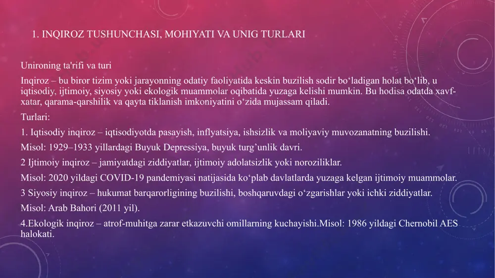 ari: 1. yangi texnologiyalar va innovatsiyalar joriy qilinadi. misol: 2008 yilgi moliyaviy inqirozdan keyin fintech (moliyaviy texnologiyalar) rivojlandi. 2. ijtimoiy birdamlik kuchayadi. misol: covid-19 davrida ko‘plab davlatlarda ijtimoiy yordam dasturlari kuchaytirildi. 3. siyosiy islohotlar amalga oshadi. misol: 1990-yillarda sharqiy yevropa davlatlaridagi inqirozlar demokratik o‘zgarishlarga olib keldi. inqiroz ko‘pincha salbiy ko‘rinishga ega bo‘lsa-da, u tizimni yangilash, barqaror rivojlanishni ta’minlash va yangi imkoniyatlarni yaratish uchun zamin bo‘lishi mumkin. 2. inqirozning asosiy vujudga kelish sabablri. inqirozning asosiy vujudga kelish sabablari quyidagilardan iborat: 1. iqtisodiy nomutanosiblik va resurslar taqsimotidagi muammolar: iqtisodiy inqiroz, asosan, boylik va resurslarning tengsiz taqsimoti, ish bilan ta'minlashning pasayishi va ishlab chiqarishdagi noto'g'ri rejalashtirishdan kelib chiqishi mumkin. agar davlat resurslarni samarali boshqarishda yoki infratuzilmani rivojlantirishda xatolikka yo'l qo'ysa, bu iqtisodiy inqirozga olib keladi. 2. siyosiy barqarorlikning buzilishi va boshqaruvdagi xatoliklar: siyosiy instabillik, korrupsiya, yomon boshqaruv va yomon qarorlar inqirozlarni keltirib chiqarishi mumkin. hukumatning iqtisodiy siyosatdagi xatoliklari, qonunchilikdagi nomutanosibliklar va siyosiy qarama-qarshiliklar …