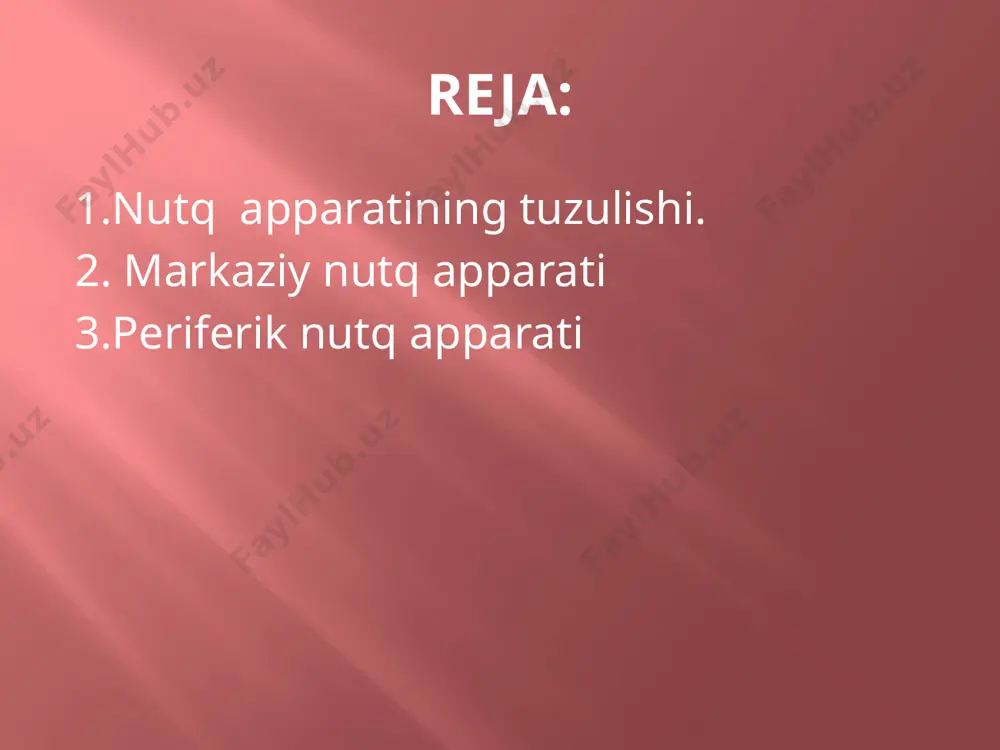 o‘zaro bog'liqdir. bunda nerv yo'llarining ikki: markazdan qochuvchi va markazga intiluvchi turlari ishtirok etadi. markazdan qochuvchi (harakatlanuvchi) nerv yo'llari bosh miya qobig'ining periferik nutq apparati faoliyatining boshqaruvchi muskullari bilan boglaydi. markazdan qochuvchi yo'l bosh miya qobig'ining broka markazidan boshlanadi.periferiyadan markazga, ya’ni nutq a’zolari qismidan bosh miya qobig'iga, markazga intiluvchi yo'llar o'tadi. markazga intiluvchi yo'l proprioretseptorlarda va baroretseptorlarda boshlanadi. proprioretseptorlar muskullar harakat a’zolarining bo'g'inli qatlamlarida joylashgan bo'ladi. proprioretseptorlar muskullarning qisqarishi ta’sirida harakatga keladi. proprioretseptorlarning vazifasi muskullarimiz faoliyatini nazorat qilishdir. baroretseptorlar o'zlariga nisbatan bo'lgan bosimning o'zgarishi natijasida harakatga keladi va ularhalqumda joylashgan bo'ladi. stvol yadrosidan bosh miya nervlari boshlanadi. periferik nutq apparatining hamma a’zolari bosh miya nervlari bilan ta’minlanadi. ulardan asosiylari: uch tarmoqli, yuz, til-halqum va sayvor nervlar-hiqildoq va ovoz boylamlarini, halqum va yumshoq tanglay muskullarini innervatsiyalaydi periferik nutq apparati nafas bo’limi ovoz bo’limi artikulyatsion bo’lim ko’krak qafasi bronxlar traxeya hiqildoq ovoz paychalari til lab jag’ qattiq va yumshoq tanglay alveolalar 14 …