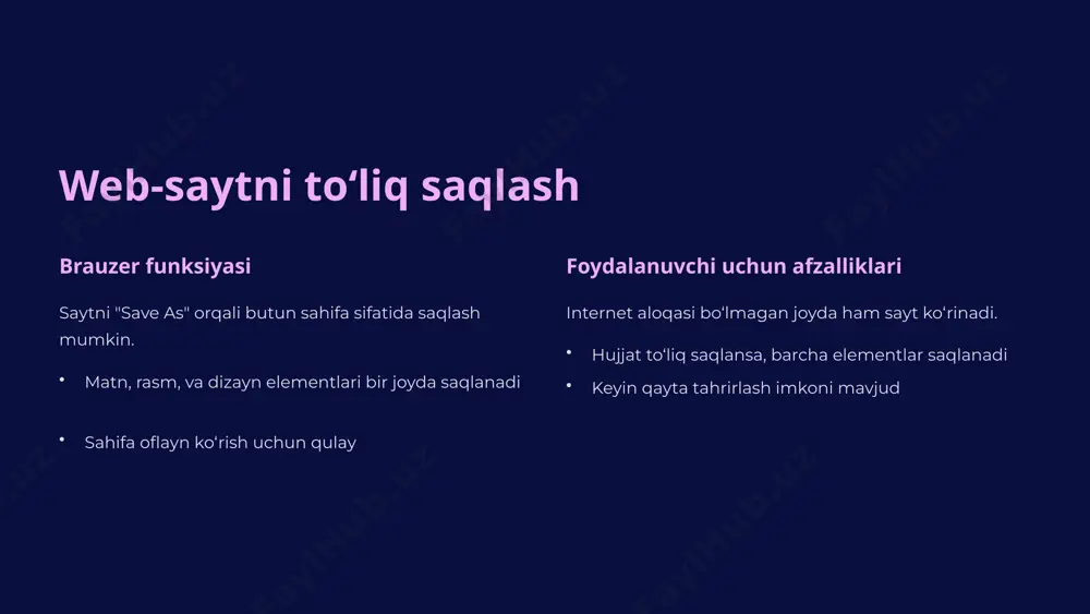 obning o‘zi url manzil nima? url (uniform resource locator) – bu internetda mavjud bo‘lgan resursning an’anaviy manzili bo‘lib, foydalanuvchilarga internetdagi ma'lumotlarni topish va unga kirish imkonini beradi. oddiy qilib aytganda, url — bu veb-sahifa, rasm, video yoki boshqa resursning manzilini ko'rsatuvchi noyob manzil (web address)dir. url manzil url manzili: tuzilishi va ishlash prinsipi url (uniform resource locator) – bu internetdagi har qanday resursning manzili. u foydalanuvchining kompyuterini kerakli serverga yo‘naltiradi. url quyidagi elementlardan tashkil topgan: bash копировать редактировать https://www.example.com/path/to/page.html │ │ │ │ │ │ │ └── sahifa/fayl nomi │ │ └──────────── yo‘l/katalog │ └───────────────────── domen (host) └──────────────────────────── protokol web-saytni “bookmark” qilish bookmark oriatdono htttps https – bu xavfsiz ulanish protokoli bo‘lib, foydalanuvchi va server orasidagi ma’lumot almashinuvini shifrlaydi. pdf va rtf formatda saqlash — bu matnli hujjatlarni universal va qulay shaklda saqlash usullaridan biridir. pdf (portable document format) — bu adobe tomonidan ishlab chiqilgan format bo‘lib, hujjatni qanday ko‘rinishda …