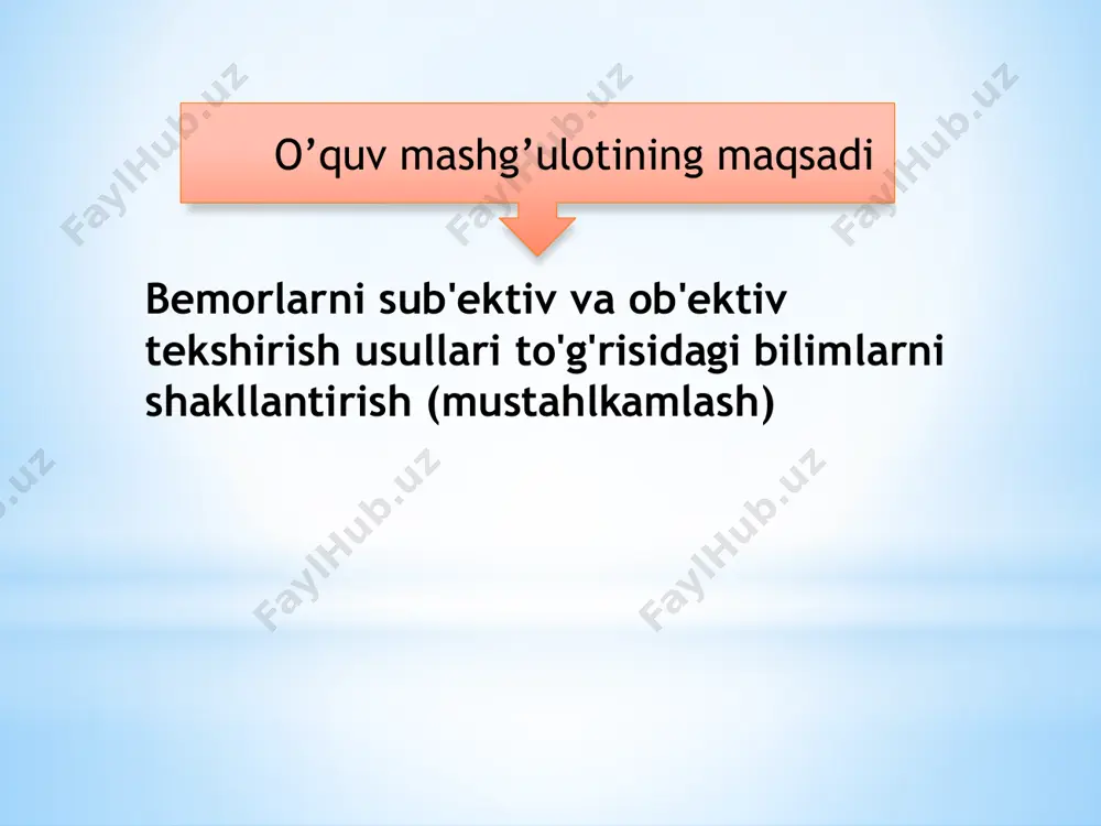hunki uning yordamida qorin devorining tarangligi, og£rishi, qorin bo£shlig£idagi jigar, taloq kabi organlaming kattalashganligi, shish borligi va boshqalar aniqlanadi. chuqur palpatsiya - chuqur palpatsiyada, palpatsiya qilinayotgan organning chegarasi, xususiyati va boshqalami yaxshi aniqlash maqsadida, uni qorin bo‘shhgdning orqa devoriga qisish uchun qodni qorin bo‘shlig£iga chuqur kiritish kerak. sirg‘anma palpatsiya deyilishining sababi shundaki, palpatsiya qilinayotgan vaqtda qod ham, tekshirilayotgan organ ham sirg‘anma harakat qiladi.bunda palpatsiya qilinayotgan organ harakat qilinayotgan qol ostida nafas ekskursiyasi vaqtida sirpanadi yoki palpatsiya qilayotgan qod barmoqlari harakatchan organ ustida sirpanadi. perkussiya perkussiya tekshirish usuli sifatida tibbiyc*tga 1761-yili auenbrugger tomonidan joriy qilingan bo’lib, hozir ham undan keng foydalaniladi. tekshiriladigan joyga to‘g‘ridan to‘g‘ri ko‘r-atkich barmoqning yumshoq yostiqchasi bilan tukillatib urib ko‘rish orqali perkussiya qilish mumkin, lekin barmoqni barmoqqa urib perkussiya qilish ma’qul. bevosita va bilvosita perkussiyani farq qiladilar. qiyosiy perkussiya topografik perkussiya hozirgi vaqtda barmoqqa barmoq bilan urib ko‘rishdan iborat bilvosita perkussiya keng tarqalgan. perkussiyaning bu turida ko‘krak qafasiga …