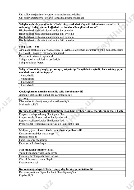 hiko`zdatutilganbo`lsa, u holda progressivsoliqstavkasiqo`llanilganbo`ladi. proporsionalsoliqstavkasiqo`llanilganbo`ladi regressivsoliqstavkasiqo`llanilganbo`ladi. proporsional -regressivsoliqstavkasiqo`llanilganbo`ladi 1 moliyaviy jazo chorasi kimlarga nisbatan qo`llaniladi? korxona mansabdor shaxslariga bosh hisobchiga faqat jismoniy shaxslarga faqat yuridik shaxslarga 1 mol-mulksolig’inikimto`laydi? yuridikvajismoniyshaxslarto`laydi fuqaroligibo`lmaganlar ham to`laydi chet el fuqarolari ham to`laydi fuqarolarto`laydi 1 korxonaningsoliqsizto`lovlarigaquyidagilarningqaysibirikiradi? davlatro`yxatidano`tganlikuchunto`lanadiganyig’im. foydasolig’i yer solig’i qo`shilganqiymatsolig’i 1 quyidagisoliqturiningqaysibiriprogressivsoliqturibo`libhisoblanadi? jismoniy shaxslardan olinadigan daromad solig’i foydasolig’i. yagona soliq to`lovi yalpidaromadsolig’i. 1 rezidentdebnimagaaytiladi? o`zbekistonda 183 kundanko`pyashaganfuqarolarga o`zbekistonda 183 kungachayashaganfuqarolarga o`zbekistonda 176 kungachayashaganfuqarolarga o`zbekistonda 158 kungachayashaganfuqarolarga 1 2020 yilda foyda solig’i stavkasini toping. 15% 12% 14% foyda solig’i bekor qilindi. 1 2021 yilda foyda solig’i stavkasini toping. 15% 12% 14% foyda solig’i bekor qilindi. 1 2020 yilda aylanmadan soliq to`lovi stavkasini toping. 4% 5% 6% 4,5% 1 korxonatugatilibuningmulkita’sischilario`rtasidataqsimlanganda qqs hisoblanadimi? hisoblanmaydi hisoblanadi qismanhisoblanadi «0» darajalistavkabo`yichahisoblanadi 1 ilm-fan va ilmiy xizmat ko`rsatishga ixtisoslashgan korxonalar soddalashtirilgan yagona soliq tizimiga o`tishlari uchun: xodimlariningo`rtachayilliksoni 25 kishidanoshmasligikerak xodimlariningo`rtachayilliksoni 5 kishidanoshmasligikerak xodimlariningo`rtachayilliksoni 15kishidanoshmasligikerak xodimlariningo`rtachayilliksoni 40 kishidanoshmasligikerak 1 qishloqxo`jaligitovariahlabchiqaruvchilariuchunyagonayersoliqto`lovistavkasi 2019 yilda qancha: …