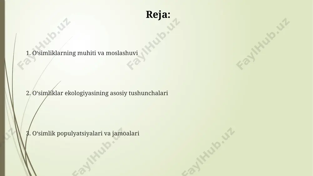 arida, 30 dan ortiq o'simlik turi o'zaro simbiotik munosabatlar orqali, masalan, azotni fiksatsiya qiluvchi bakteriyalar bilan birgalikda yashaydi va suv tanqisligini yengishga moslashgan. o'simliklarning tarqalishi va muhiti tog'li hududlarda, masalan, himoloy tog'larida balandlikka qarab o'simliklarning 5 ta asosiy mintaqasi aniqlangan bo'lib, har bir mintaqaning o'ziga xos flora va iqlim sharoitlari mavjud. o'simliklarning 30% dan ortig'i tropik mintaqalarda, masalan, amazon o'rmonlari va kongo havzasida, yuqori bioxilma-xillikni namoyish etib tarqalgan. tuproqning ph darajasi, masalan, 5 dan past bo'lgan kislotali tuproqlar, o'simliklarning tarqalishini cheklovchi omil bo'lib, faqat ba'zi turdagi o'simliklar bunday sharoitlarda o'sishi mumkin. o'simlik jamoalari va ularning tuzilishi markaziy osiyo o'simlik jamoalarining tarkibi tuproqning turiga, 10% dan ortiq sho'rlangan tuproqlarda halofitlar ustunlik qiladi. tog'li hududlarda, balandligi 2000 metrdan yuqori bo'lgan hududlarda, o'simlik jamoalari zichligi va turlarning xilma-xilligi pasttekisliklarga nisbatan sezilarli darajada kamayadi. o'simlik jamoalarining tuzilishi vertikal (qatlamlilik) va gorizontal (mozaiklilik) gradientiga ega bo'lib, masalan, o'zbekistonning cho'l zonalarida 3-4 ta qatlam aniqlanadi. o'simliklarning …