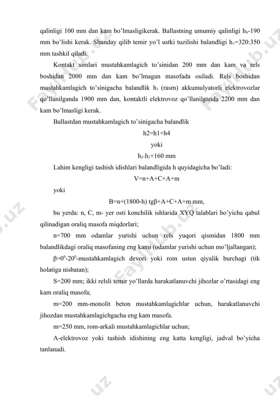 ida zichlantiruvchi tog’jinslari egallagan maydon miqdori qo’shilsa lahimning ko’ndalang kesimi xomaki maydoni miqdori kelib chiqadi ya’ni: buni 3-5 foizga ko’paytirib, lahimni o’tishdagi ko’ndalang kesimi maydonini topamiz. - loyihadagi miqdoriga to’g’ri kelishi uchun lahim balandligini o’tish vaqtida cho’kish miqdoriga ya’ni qattiq mastuhkamlagichlar uchun 100 mm, sharnirli mustahkamlagichlar uchun 150mm va moslashuvchan mustahkamlagichlar uchun 350 mmga baland qilib o’tish tavsiya qilinadi. adabiyotlar: 1. mirziyoev sh.m. buyuk kelajagimizni mard va olijanob halqimiz bilan birga kuramiz. – t.: “o’zbekiston” nmiu, 2017. – 488 b. 2. городниченко в.ч., дмитриев а.п. основы горного дела. м., изд. "горная книга", 2008 3. чупрунов г.д. технология и комплексная механизация проведения горных выработок. м., "недра", 1970 4. русча-ўзбекча политехника атамалари луғати. т."фан", 1995 5. азизов а.а. русско-узбекский краткий словарь. т."ўқитувчи", 1989 6. чупрунов г.д. проведение и крепление горных выработок. м., "госгортехиздат", 1960 7. шехурдин в.к., холабаев е.н., несмотряев в.ч. проведение подземных горных выработок. м., "недра",1991 8. мангуш с.к., крюков г.м., …