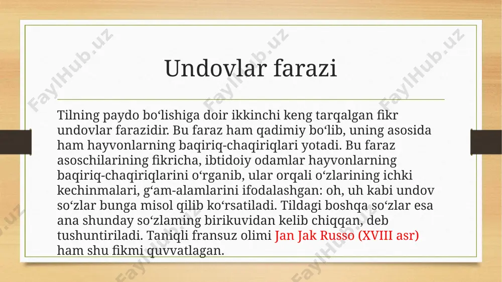lasiz? qadimgi yunonistondagi «anomalist»lar va «analogist»lar to‘g‘risida so‘zlab bering va ular to‘g‘risida o‘z fikringizni bildiring. tovushga taqlid, undov, mehnat chaqiriqlari va ijtimoiy kelishuv farazlarining ijobiy va salbiy tomonlarini asoslang. til qanday hodisa? qabila va urug‘ tillarining shakllanishini tushuntirib bering. farqlanish va yaqinlashuv hodisalari to‘g‘risida nimalarni bilasiz? millatning asosiy belgilari nimadan iborat? milliy tillarning shakllanishi qanday yo‘llar bilan amalga oshadi? substrat va superstrat hodisalari nima? quyidagi ikki tushunchadan qaysi biri til rivojlanish yo‘lini belgilaydi: revolyutsiya /evolyutsiya? bugungi kundagi globallashuv (globalizatsiya) jarayoni tillartaraqqiyotiga qanday ta’sir o‘tkazmoqda? bu to‘g‘risida o‘z hayotiy tajribangiz asosida gapirib bering. e’tiboringiz uchun rahmat image5.png image6.png image3.png image4.png /docprops/thumbnail.jpeg