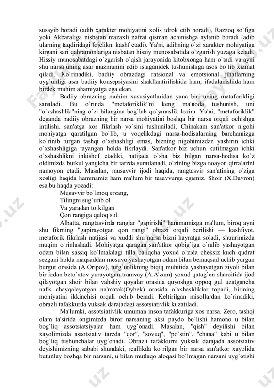 rish orqali erishadi. masalan, a.qahhorning "o`g`ri" hikoyasida qobil boboning amin huzuriga kelganini eslang. yozuvchi amin haqida: "og`zini ochmasdan qattiq kekirdi, keyin baqbaqasini osiltirib kuldi", "chinchalog`ini ikkinchi bo`g`inigacha burniga tiqib kuldi" qabilidagi individual belgilarni bo`rttiradi. ayni shu individual belgilarning bo`rttirilishi hisobiga adib katta badiiy umumlashmaga erishadi: zamona amaldorlariga xos bo`lgan qo`l ostidagi fuqaroning taqdiriga befarqlikni ko`rsatadi. ya'ni, amin obrazi ko`z oldimizda individual xususiyatlariga ega bo`lgan konkret inson sifatida gavdalanadi, ayni shu individuallashtirish hisobiga obraz umumlashmalilik kasb etadi. ko`rinadiki, shu tariqa badiiy obrazda bir paytning o`zida bir-biriga zid ikki jihat (individuallik va umumiylik) uyg`un tajassumini topadi. badiiy obraz o`zida aql va hisni uyg`un birlashtiradiki, shu bois uni ratsional va emotsional birlik sifatida tushuniladi. badiiy obrazdagi ratsional jihat shuki, uning yordamida ijodkor o`zini qiynagan muammolarni badiiy idrok etadi. masalan, cho`lponni turkistonning tarixiy taraqqiyoti masalalari, yurtining ertasi haqidagi o`ylar tashvishlantirgan. o`zini qiynagan muammolarni cho`lpon "kecha" romanidagi qator obrazlar vositasida badiiy tadqiq etadi, asardagi obrazlar …