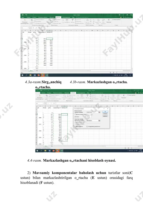iy darajalari, tekislangan darajalari, additiv modelda olingan darajalarini grafikda tasviri. olingan natijalarni grafikda tasvirlash uchun ms exel dasturining buyrug‗idan foydalanamiz ushbu grafikni hosil qilish uchun вставка menyusining график buyrug‗idan foydalaniladi. 5) additiv model asosida kelasi yilning choraklari, birinchi va ikkinchi yarim yilliklari hamda yil bo‗yicha turistlar oqimi sonining prognozi. prognoz qilinayotgan davrlarga mos trend komponentalarini aniqlash uchun trend tenglamasidan foydalanamiz: prognoz qilinayotgan choraklar uchun trend quyidagilardan iborat: 384,37 image5.png image6.png image7.png image8.png image9.png image10.png image11.png image1.png image2.png image3.png image4.png