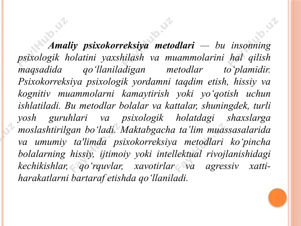 masalan, o‘yinchoqlar, rassomchilik materiallari, o‘yin kartochkalari yoki qurilish bloklaridan foydalanadi. bu materiallar bolaning his-tuyg‘ularini ochib berish va terapevtik jarayonni rivojlantirishda muhimdir. terapevtik munosabat: psixolog bola bilan o‘ynashda ehtiyotkorlik bilan munosabatda bo‘lishi kerak. bola psixologdan to‘g‘ri yo‘nalishlar va yordamni kutadi. psixologning vazifasi bola bilan aloqada bo‘lish va uning his-tuyg‘ularini tushunishga harakat qilishdir. o‘yin jarayonini tahlil qilish: o‘yin davomida psixolog bola tomonidan ko‘rsatilgan reaktsiyalarni tahlil qiladi va bola his-tuyg‘ularining qanday ifodalanayotganini kuzatadi. bu tahlil asosida psixolog bolaning muammolariga yechim topadi. o‘yin terapiyasining foydalari his-tuyg‘ularni ifodalash: o‘yin orqali bola o‘z his-tuyg‘ularini ochiq va erkin ifodalash imkoniyatiga ega bo‘ladi. xavotir va qo‘rquvlarni yengish: bola o‘yin orqali qo‘rquvlarini yengish va xavotirlarni bartaraf etish usullarini o‘rganadi. stressni kamaytirish: o‘yin bolaga ichki stressni kamaytirishga yordam beradi va u xavotirli vaziyatlarni boshqarish yo‘llarini o‘rganadi. ijtimoiy ko‘nikmalarni rivojlantirish: bola o‘yin davomida ijtimoiy ko‘nikmalarni rivojlantiradi, boshqalar bilan o‘zaro aloqalar o‘rnatadi. o‘zini anglash: o‘yin terapiyasi bola o‘zining ichki dunyosini anglashga yordam …